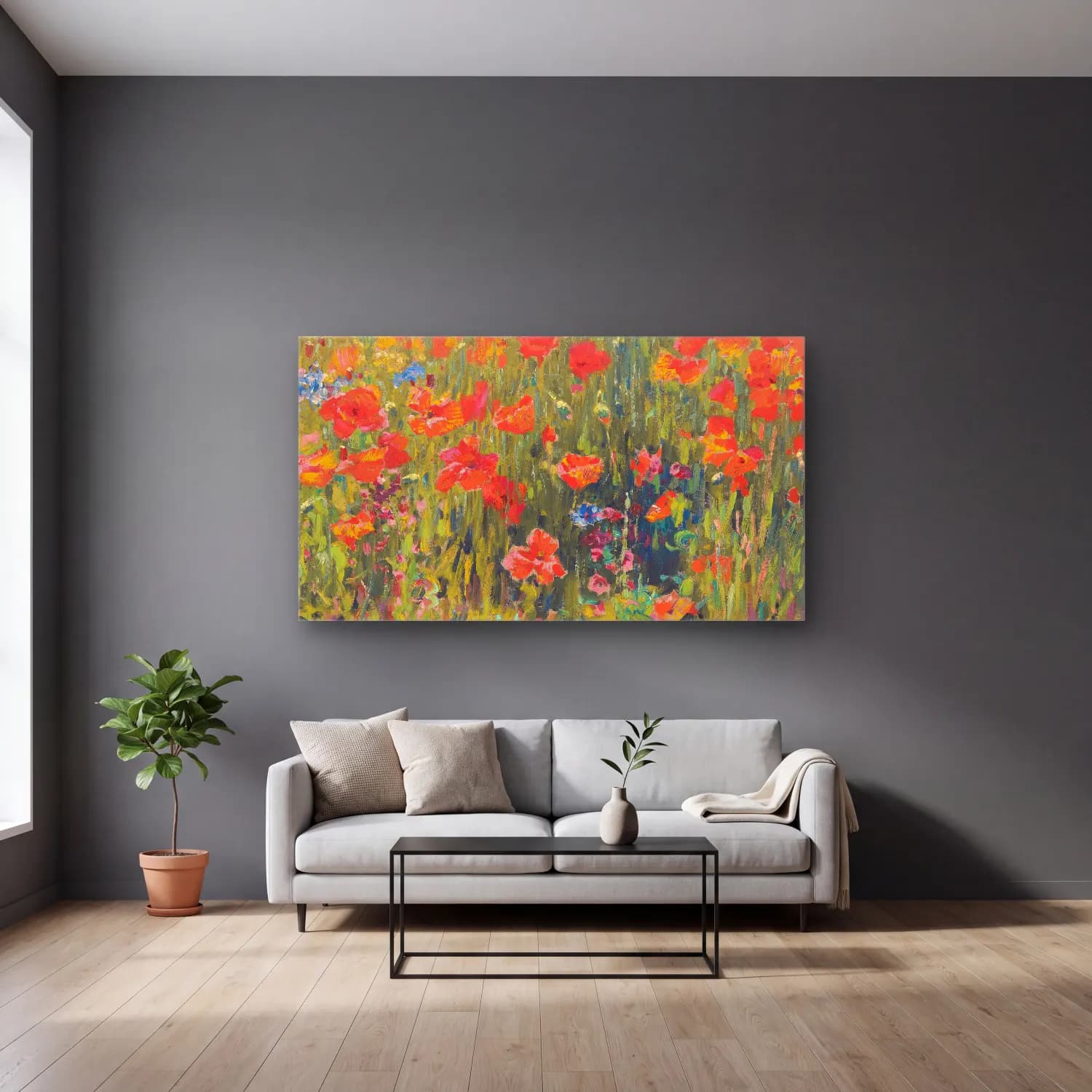 Robert William Vonnoh – Poppies cam tablo — gri duvarlı salonda