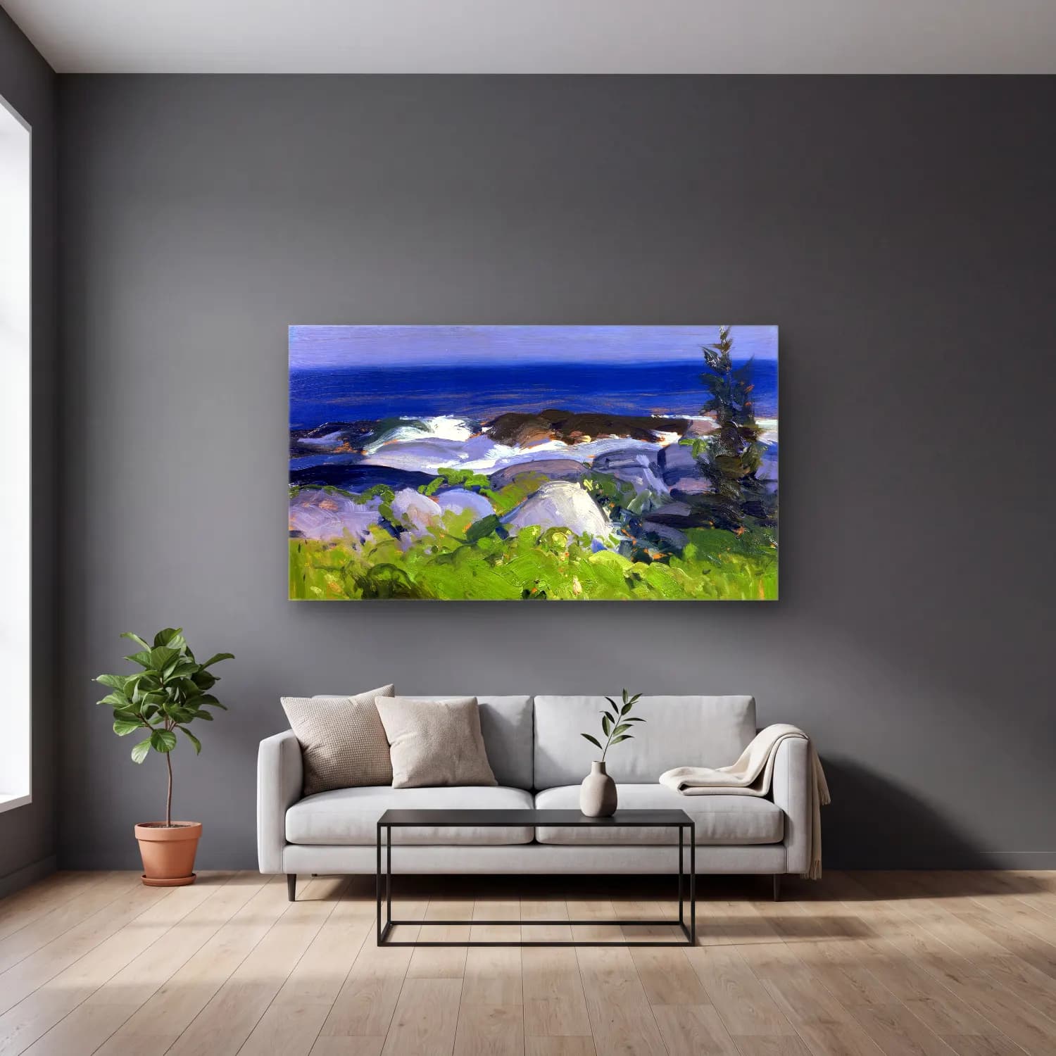 George Bellows – Vine Clad Shore Monhegan Island cam tablo — gri duvarlı salonda