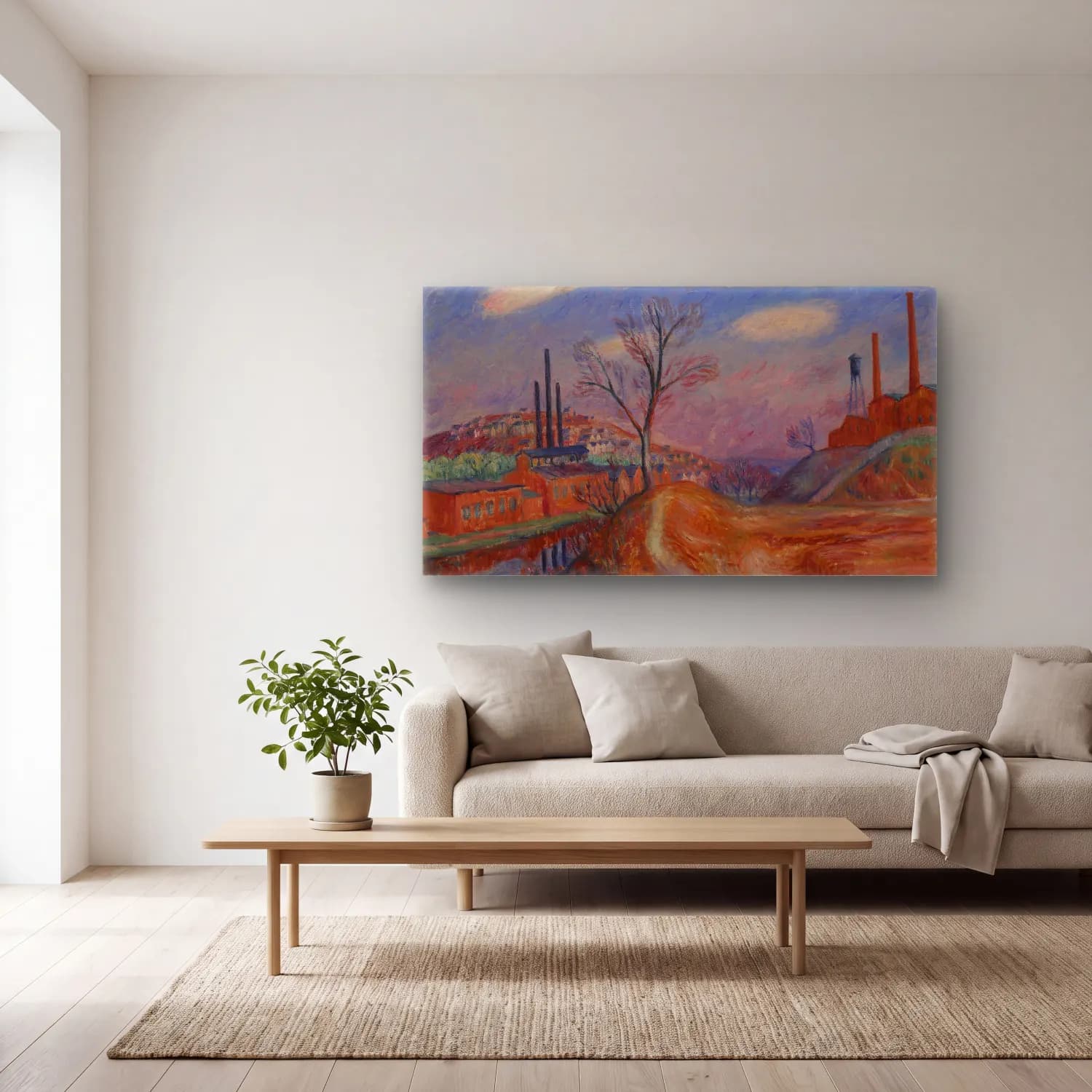 William James Glackens – Landscape–Factories cam tablo — açık renk salonda