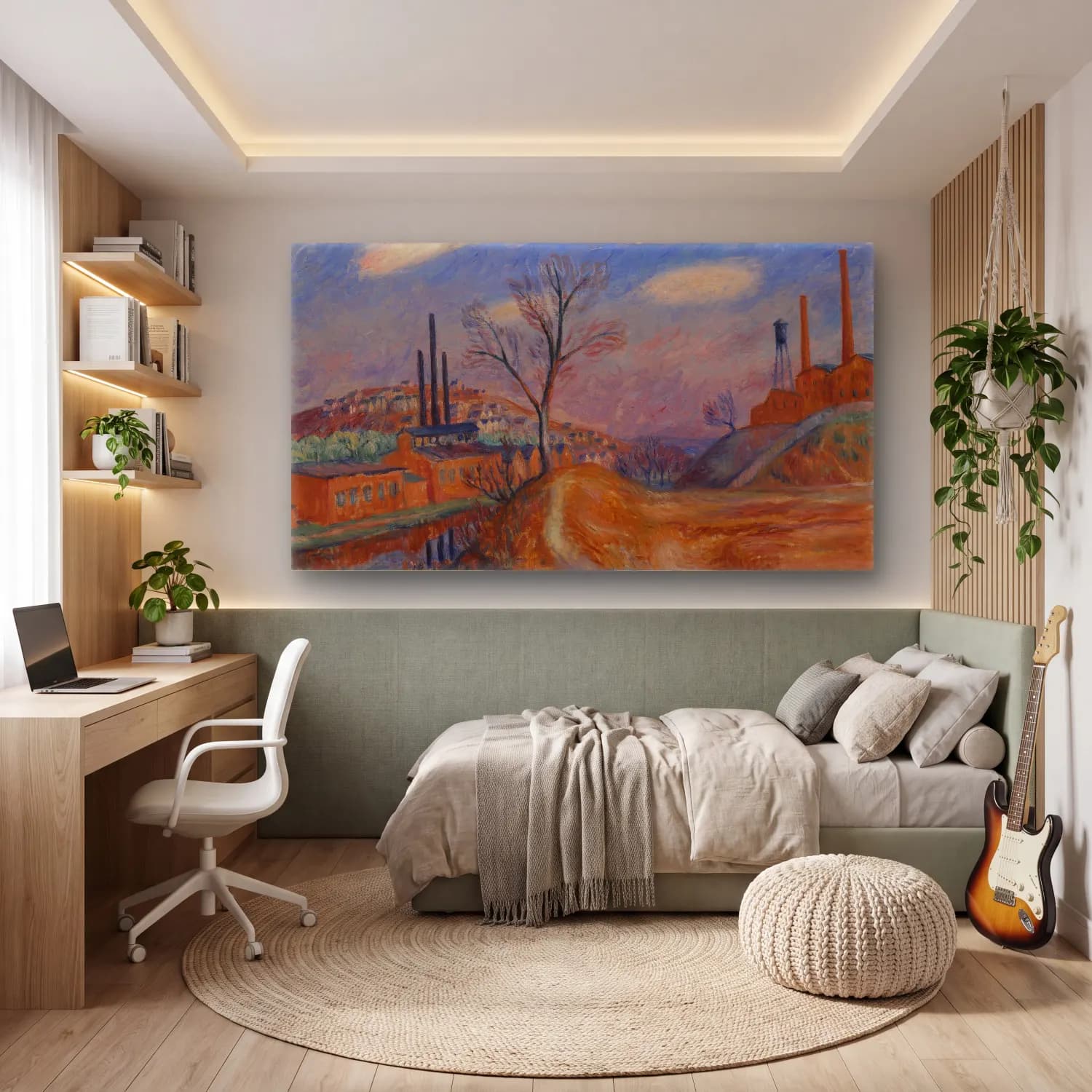 William James Glackens – Landscape–Factories cam tablo — genç odasında