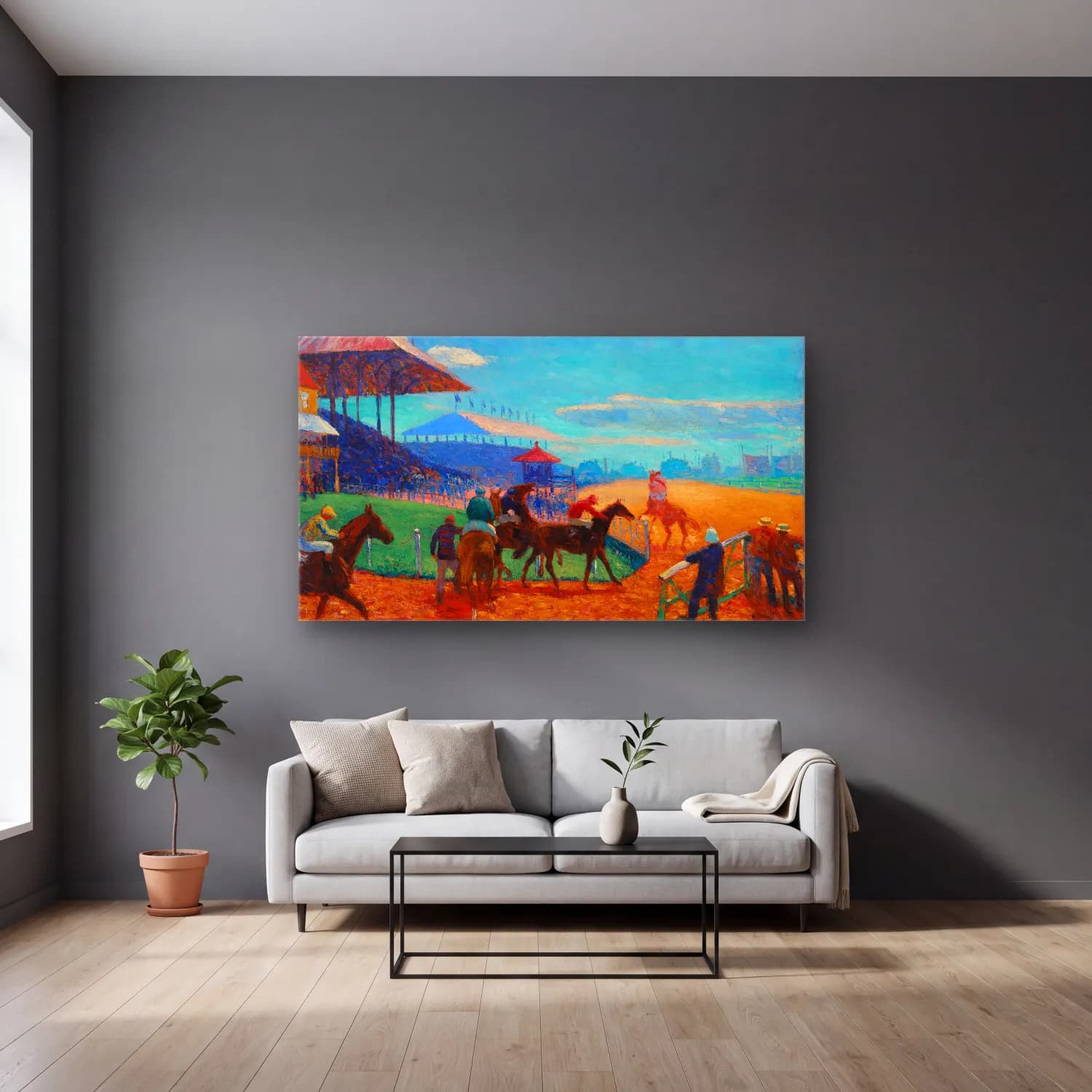 William James Glackens – Race Track cam tablo — gri duvarlı salonda