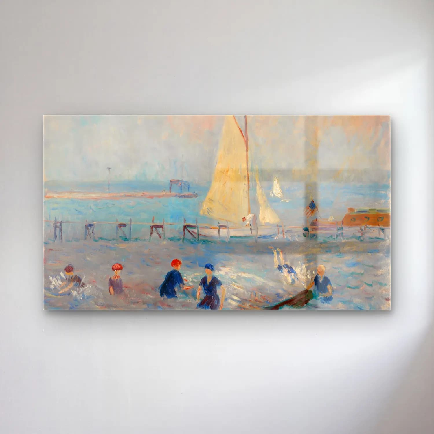 William James Glackens – Seascape with Six Bathers, Bellport cam tablo — William James Glackens – Seascape with Six Bathers, Bellport — empresyonist yelkenliler
