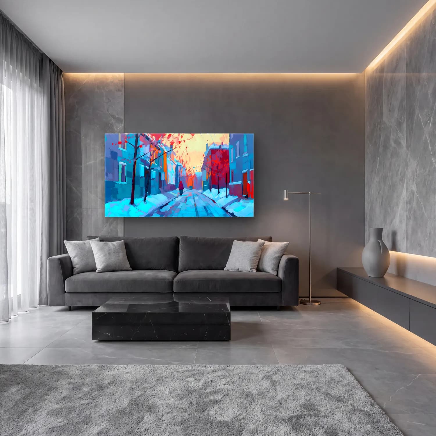 Modern Soyut Köy Sokağı cam tablo — lüks salon duvarında