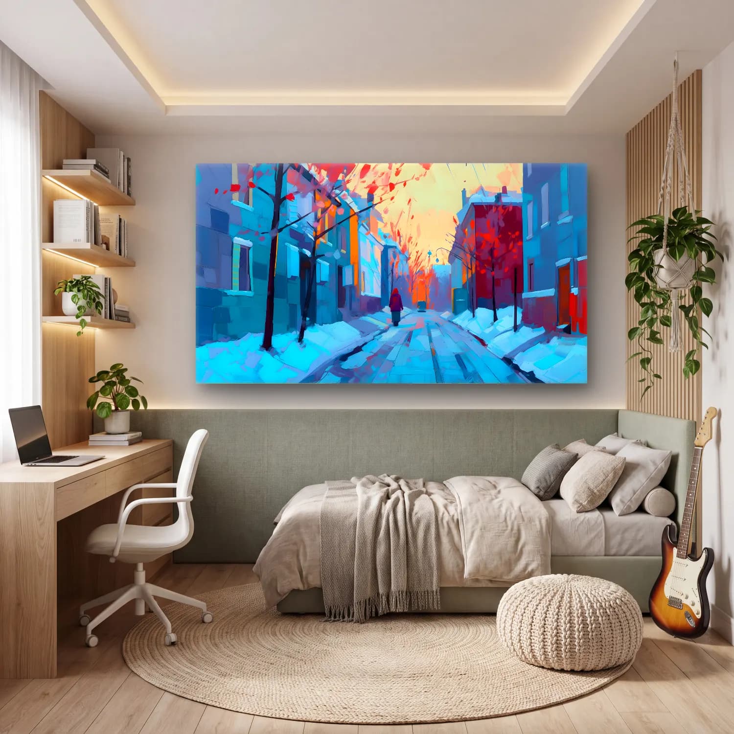 Modern Soyut Köy Sokağı cam tablo — genç odasında