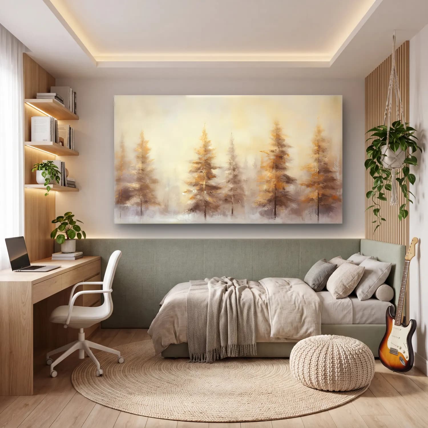 Yağlı Boya Sisli Orman – Bej Tonlar cam tablo — genç odasında