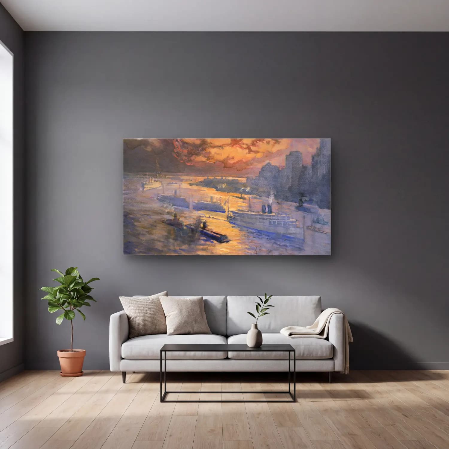 Joseph Pennell – Reflective river cam tablo — gri duvarlı salonda