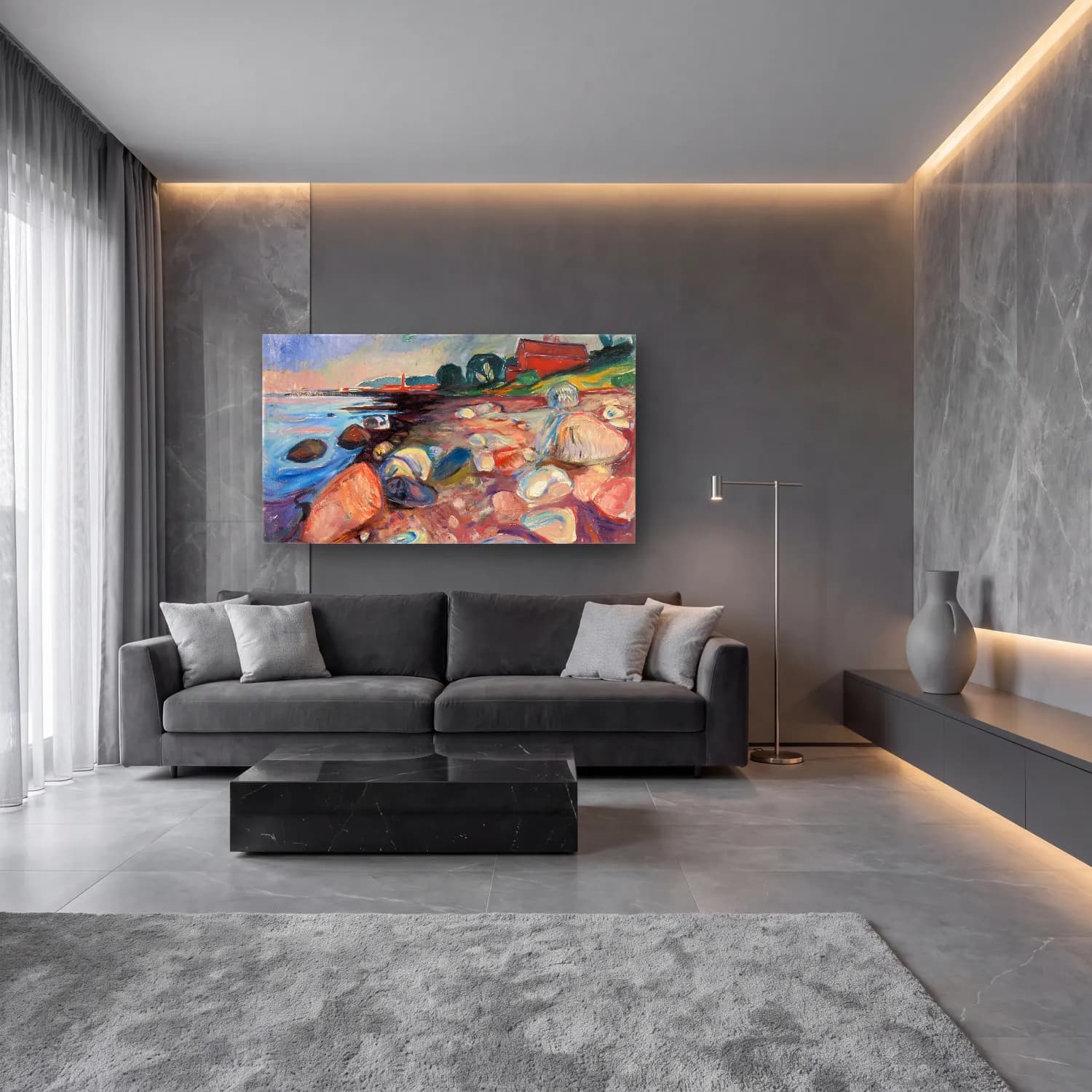 Edvard Munch – Shore with Red House cam tablo — lüks salon duvarında