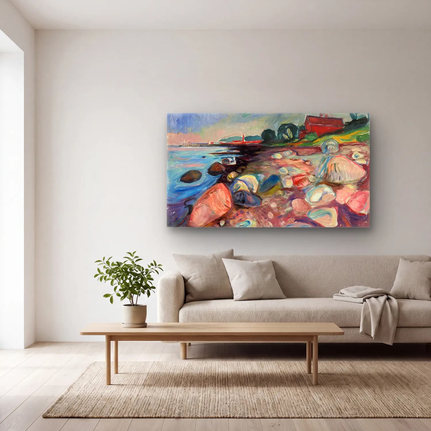 Edvard Munch – Shore with Red House cam tablo — açık renk salonda
