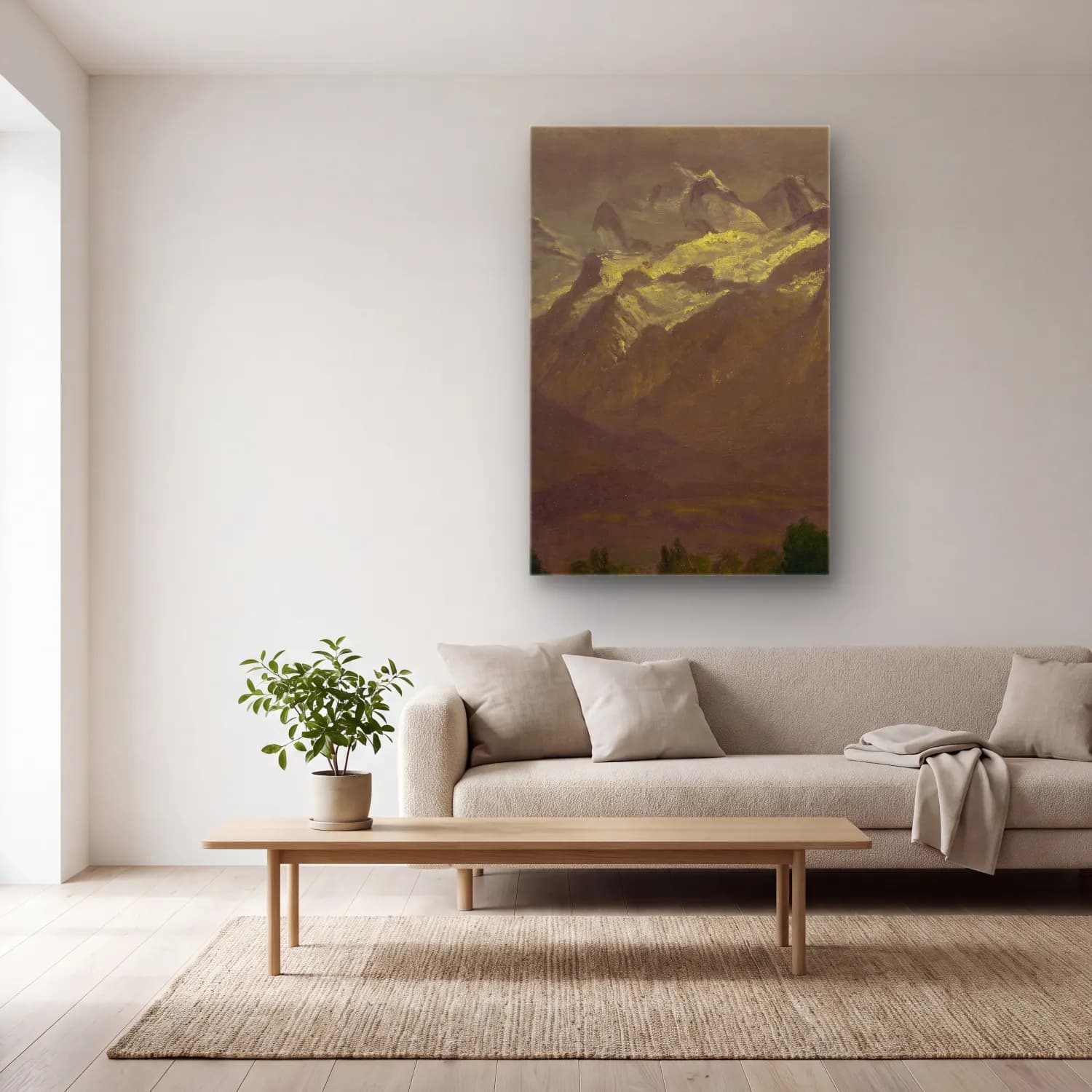 Albert Bierstadt – In the High Mountains – Bej Tonlar cam tablo — açık renk salonda