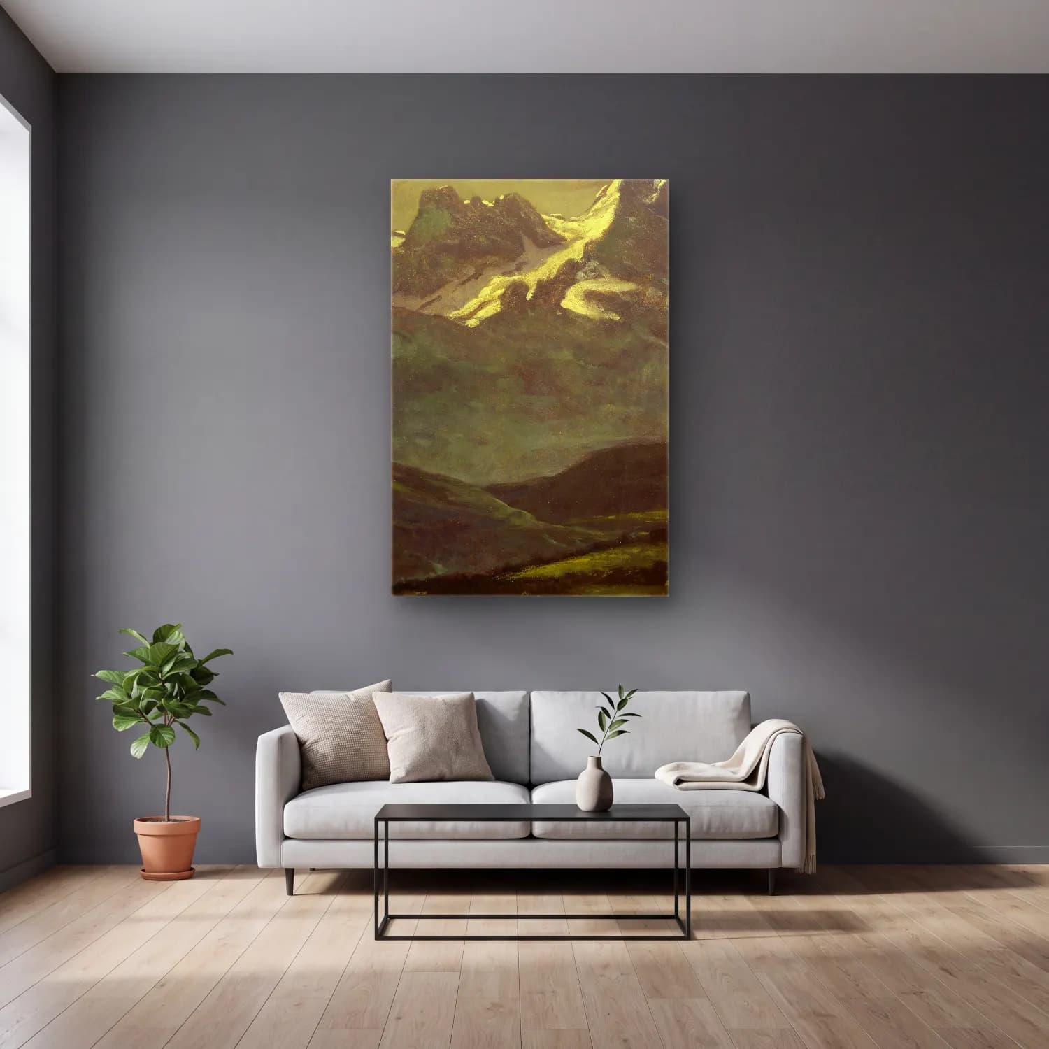 Albert Bierstadt – Summer Snow on the Peaks or Snow Capped Mountains – Bej Tonlar cam tablo — gri duvarlı salonda