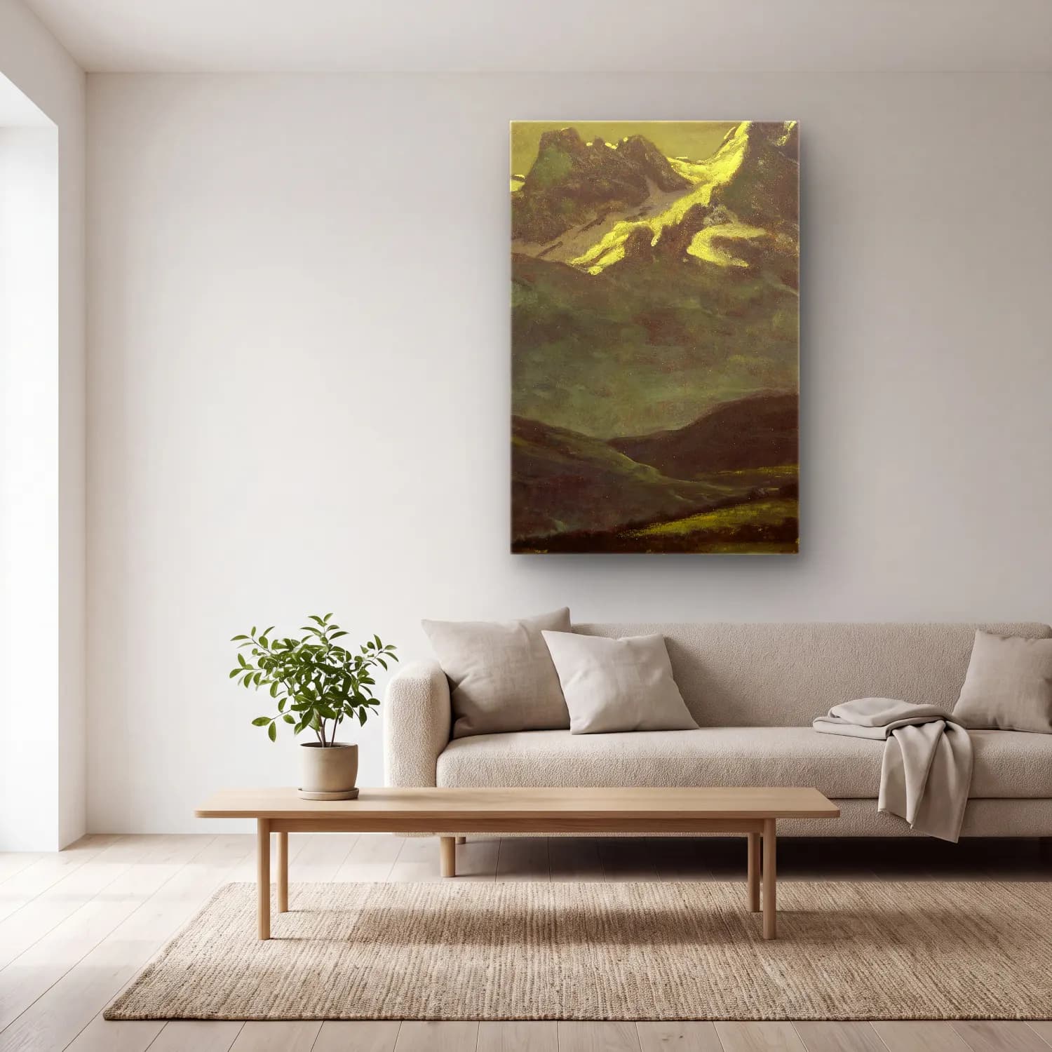 Albert Bierstadt – Summer Snow on the Peaks or Snow Capped Mountains – Bej Tonlar cam tablo — açık renk salonda