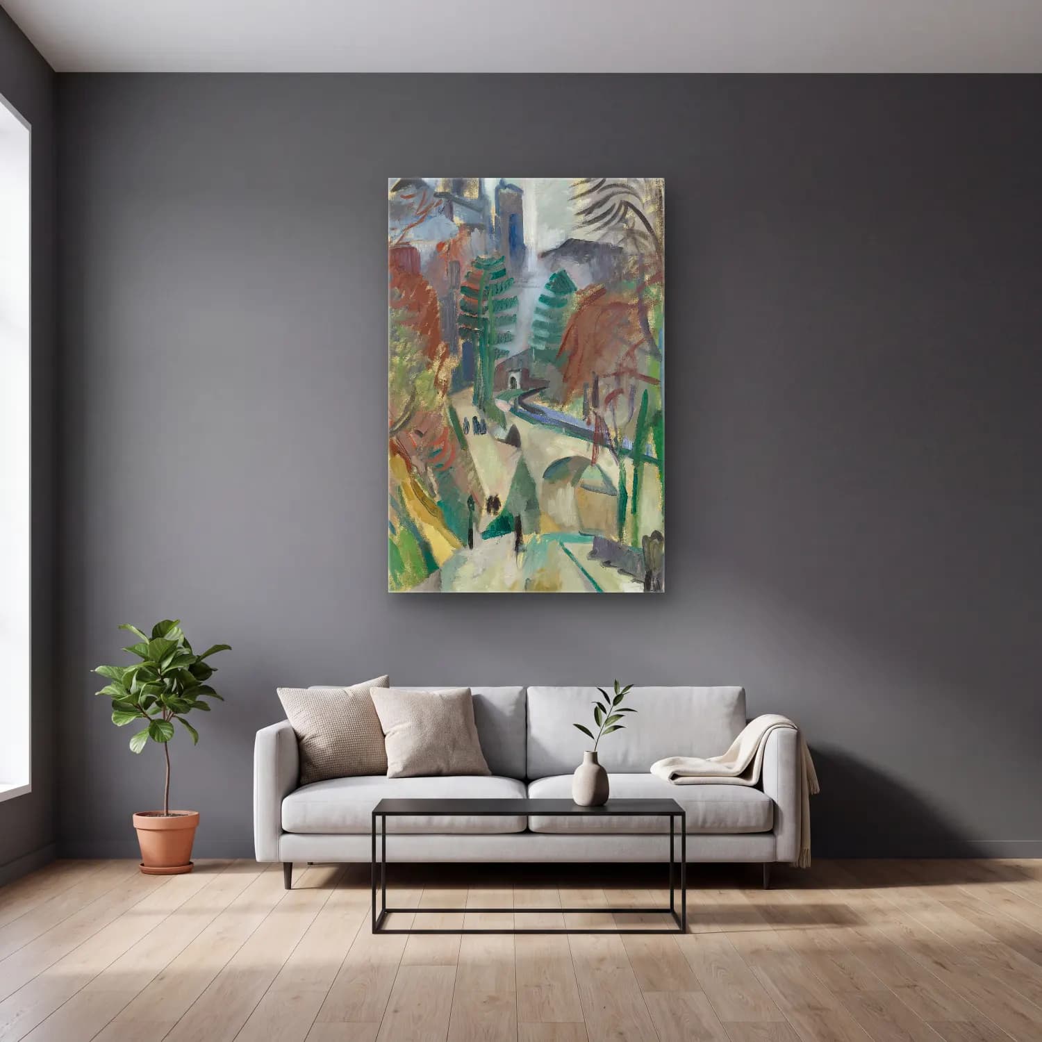 Robert Delaunay – Paysage De Laon cam tablo — gri duvarlı salonda