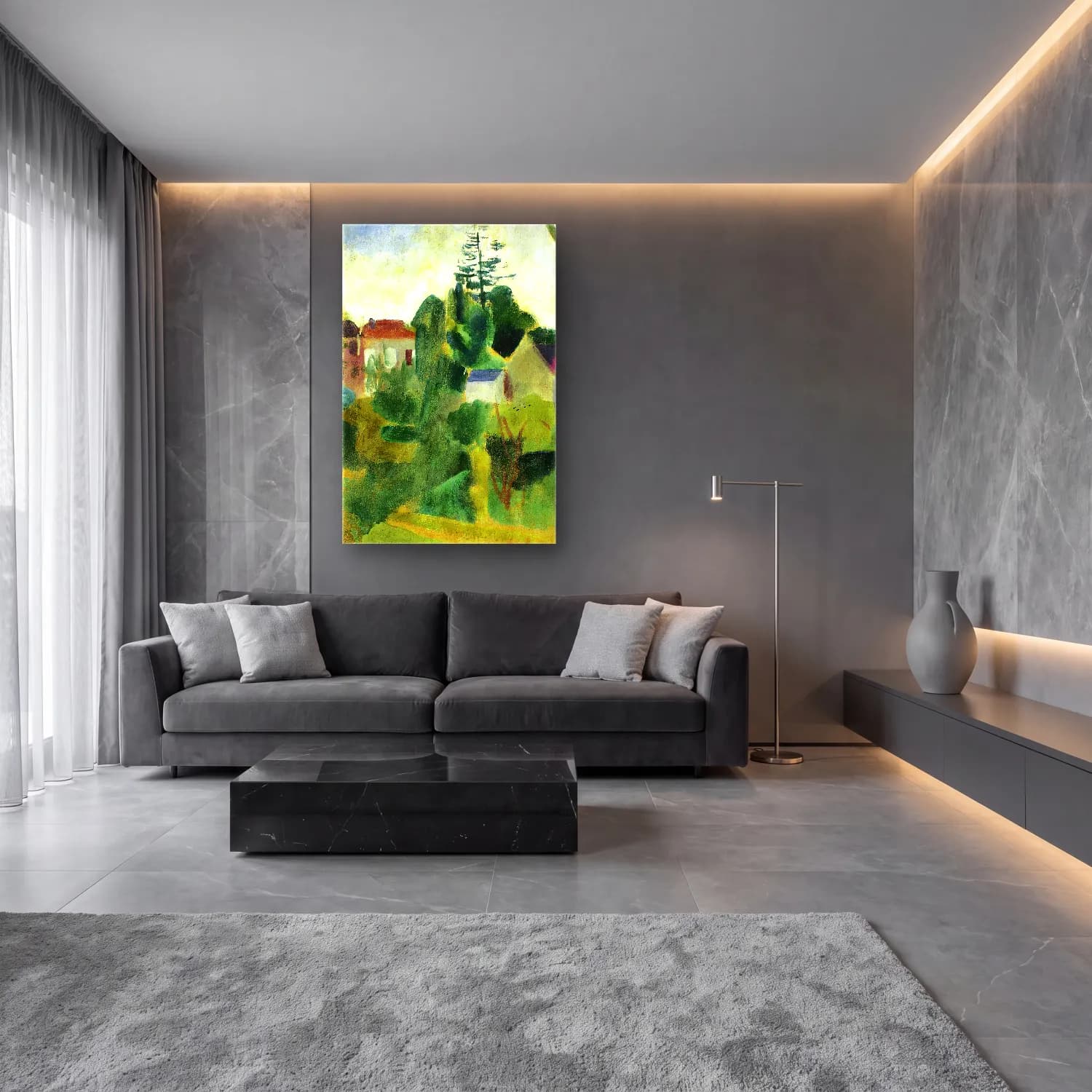 Robert Delaunay – Paysage Inachevé cam tablo — lüks salon duvarında