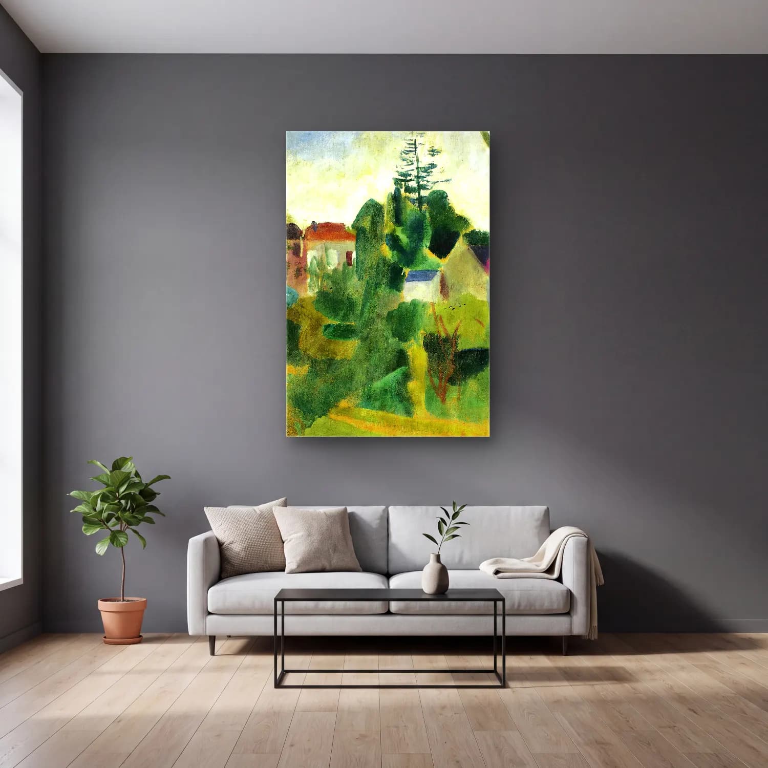 Robert Delaunay – Paysage Inachevé cam tablo — gri duvarlı salonda