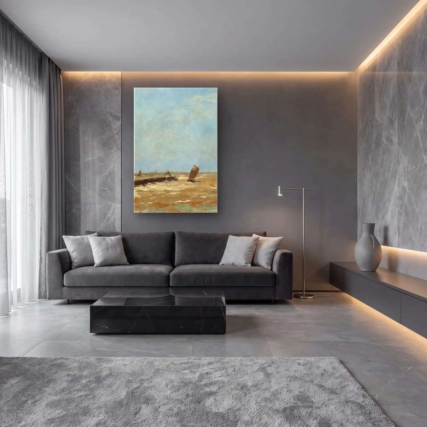 Alfred William Finch – A Belgian harbour – Bej Tonlar cam tablo — lüks salon duvarında
