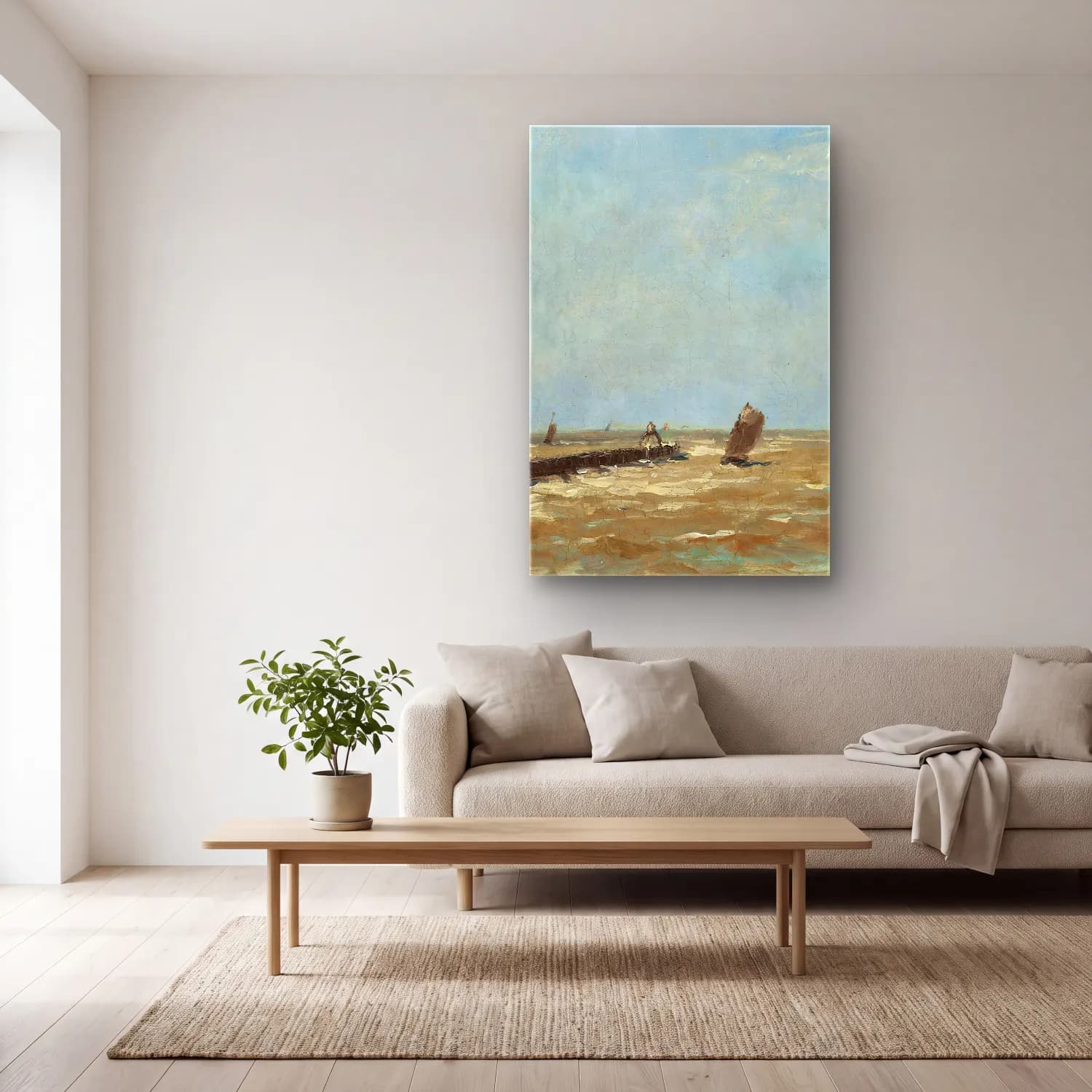 Alfred William Finch – A Belgian harbour – Bej Tonlar cam tablo — açık renk salonda