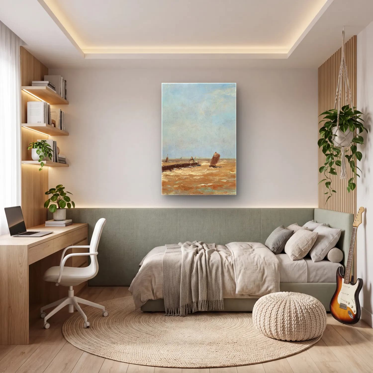 Alfred William Finch – A Belgian harbour – Bej Tonlar cam tablo — genç odasında