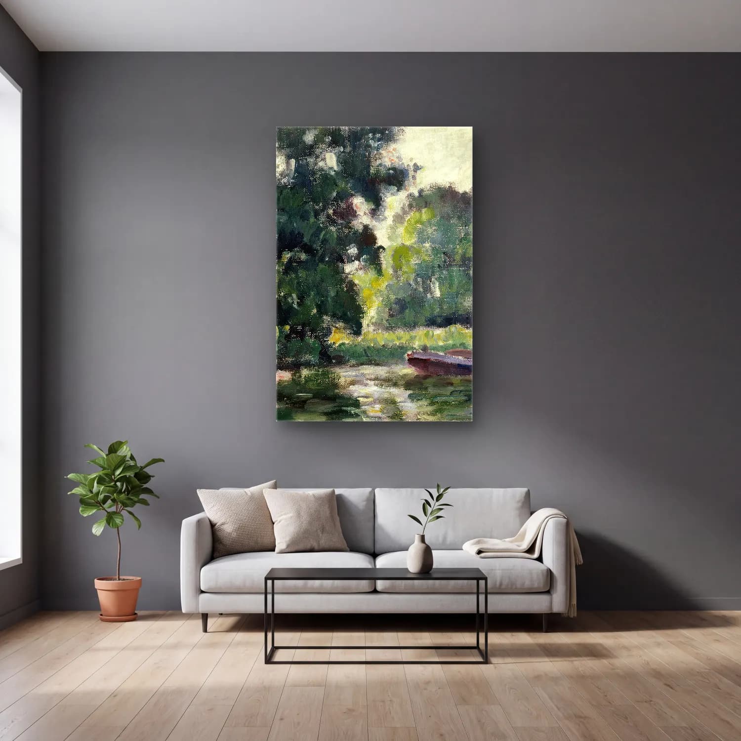 Alfred William Finch – Richmond, a River Landscape – Yeşil Tonlar cam tablo — gri duvarlı salonda