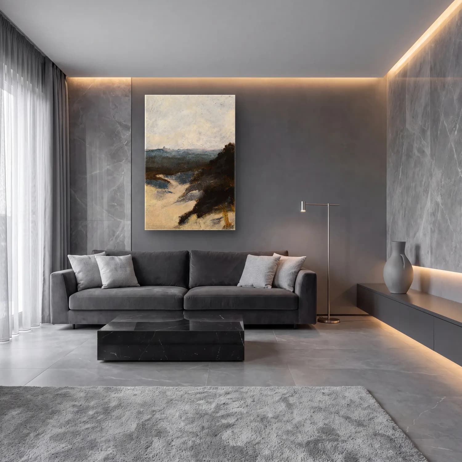 Alfred William Finch – Shore View, Knocke – Bej Tonlar cam tablo — lüks salon duvarında
