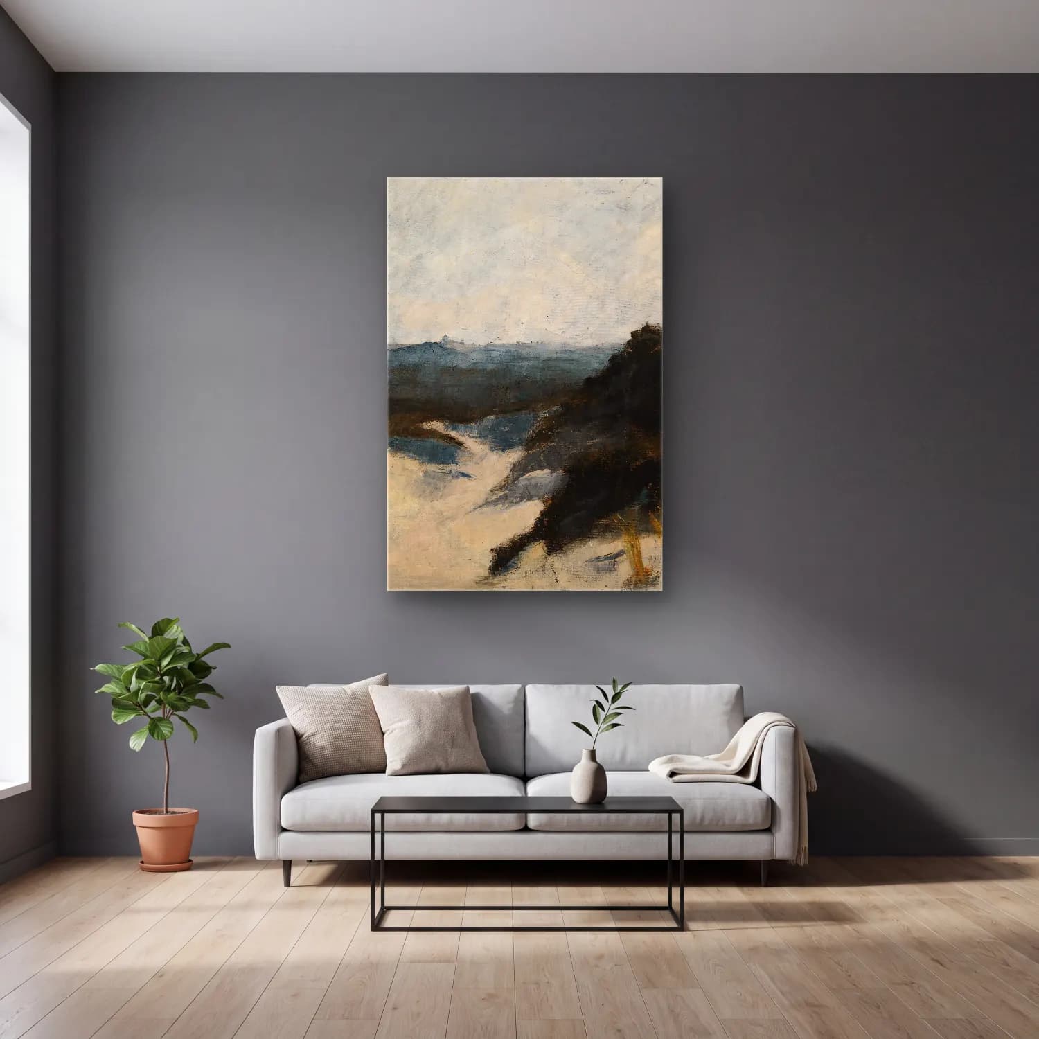 Alfred William Finch – Shore View, Knocke – Bej Tonlar cam tablo — gri duvarlı salonda