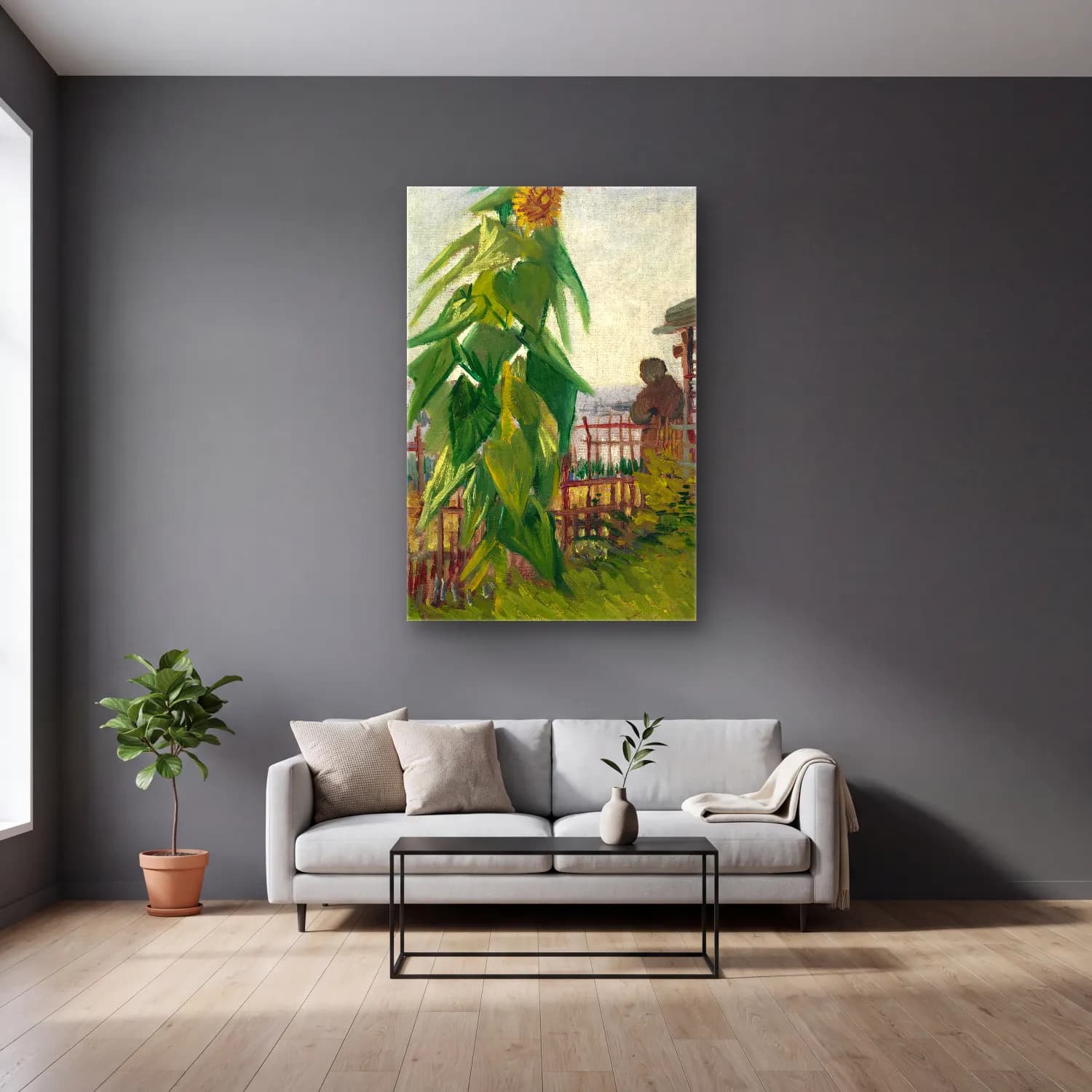 Vincent van Gogh – Allotment with Sunflower cam tablo — gri duvarlı salonda