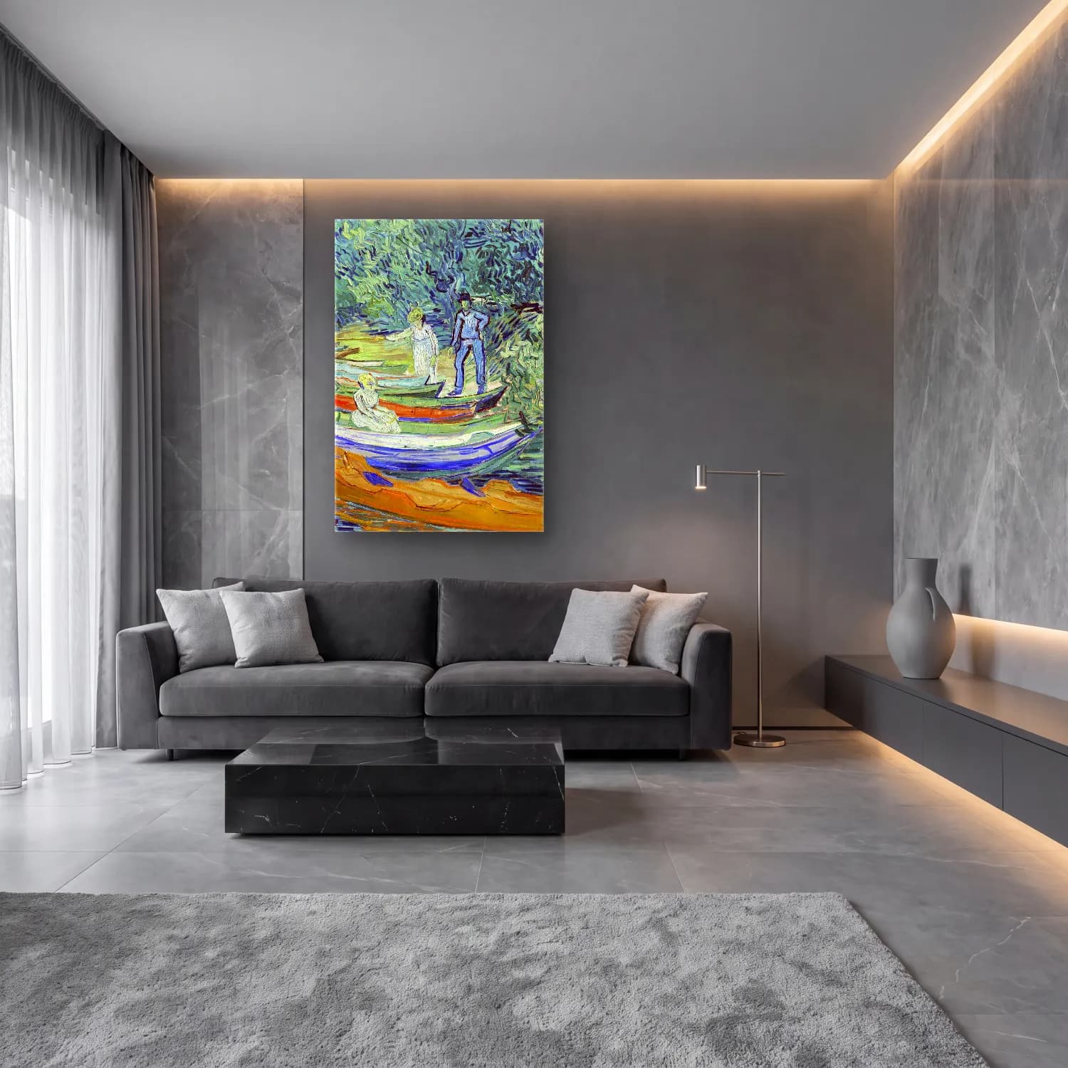 Vincent van Gogh – Bank of the Oise at Auvers cam tablo — lüks salon duvarında