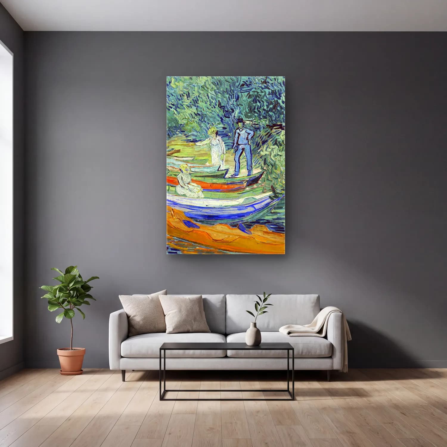 Vincent van Gogh – Bank of the Oise at Auvers cam tablo — gri duvarlı salonda