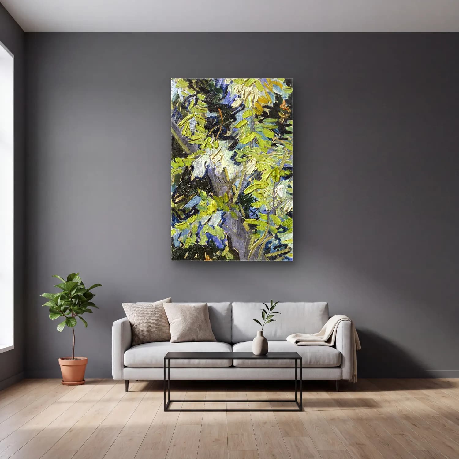 Vincent van Gogh – Blossoming Acacia Branches cam tablo — gri duvarlı salonda