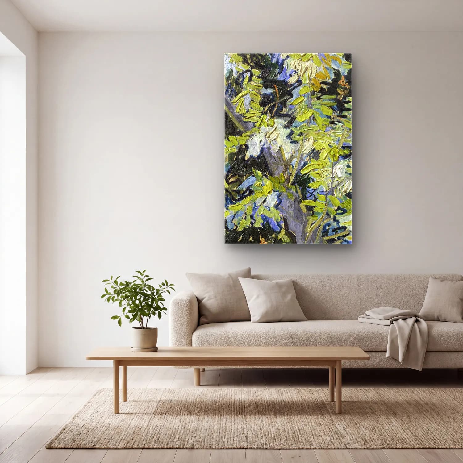 Vincent van Gogh – Blossoming Acacia Branches cam tablo — açık renk salonda