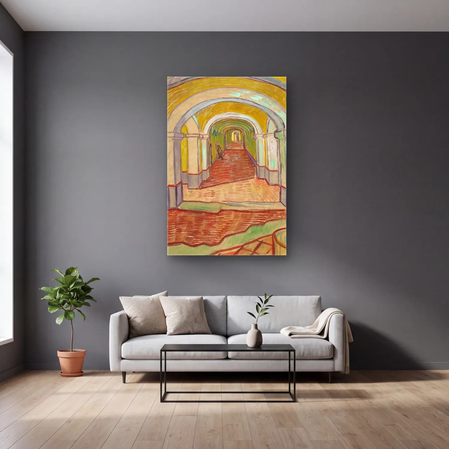 Vincent van Gogh – Corridor in the Asylum cam tablo — gri duvarlı salonda