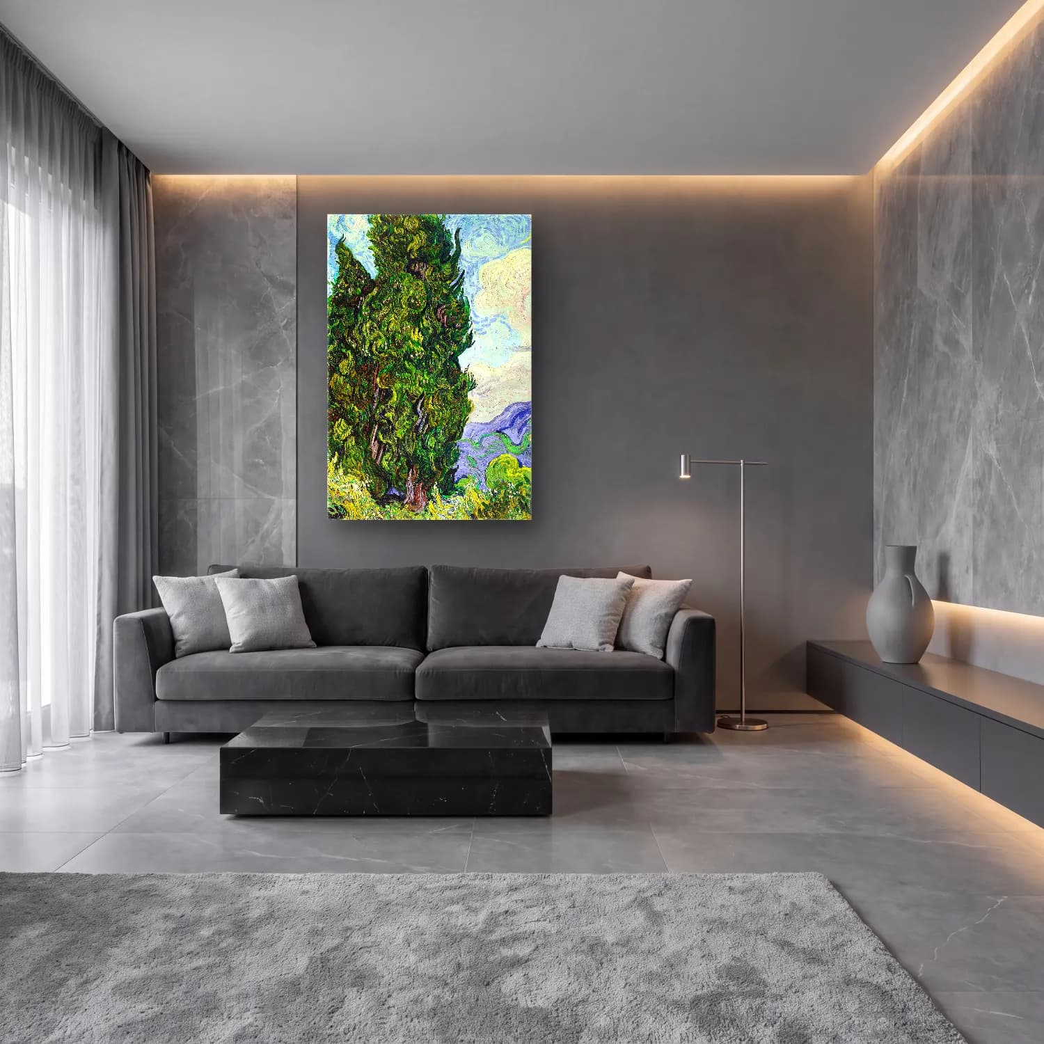 Vincent van Gogh – Cypresses cam tablo — lüks salon duvarında