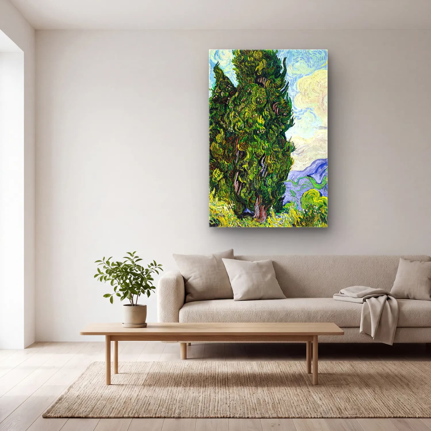 Vincent van Gogh – Cypresses cam tablo — açık renk salonda
