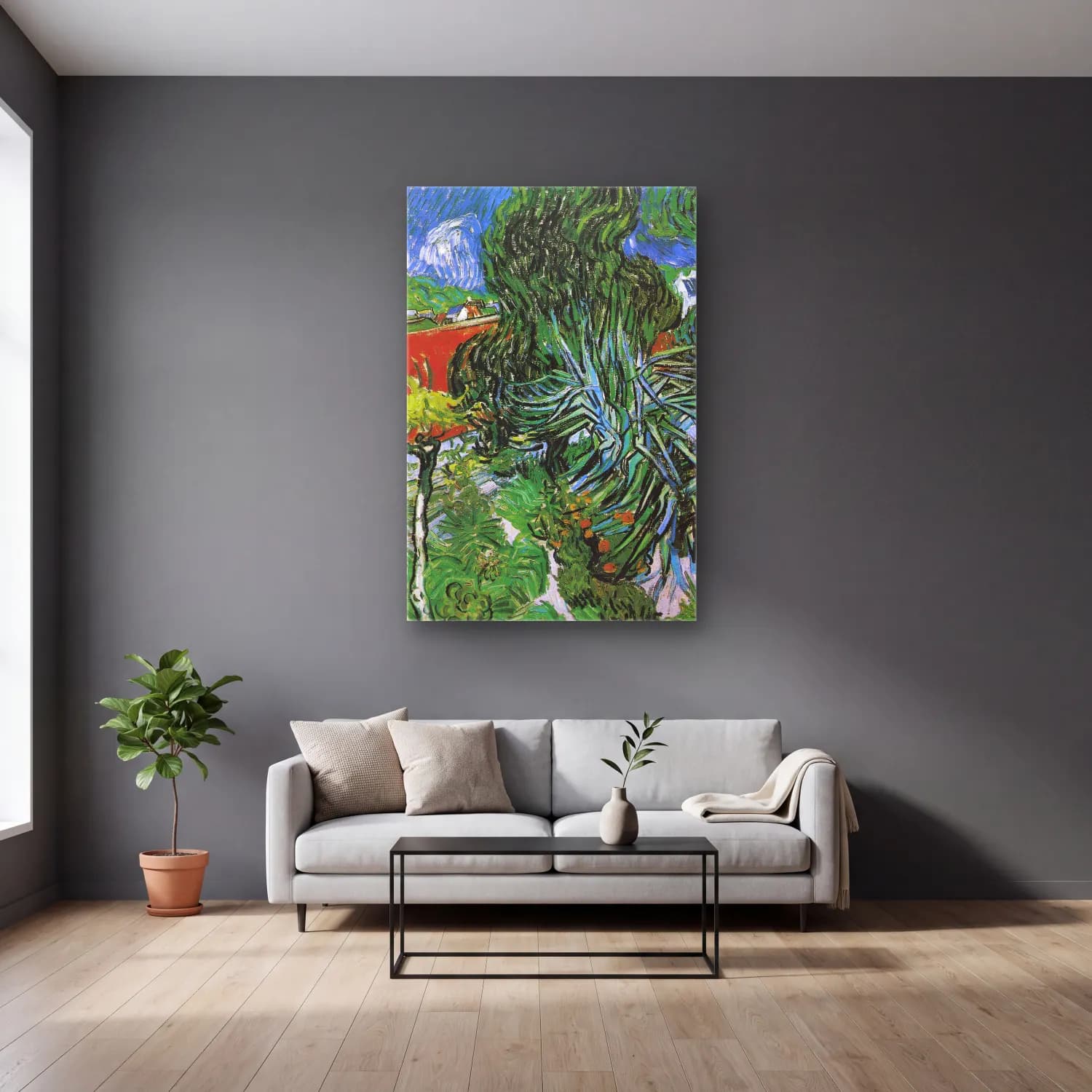 Vincent van Gogh – Doctor Gachet s Garden in Auvers cam tablo — gri duvarlı salonda