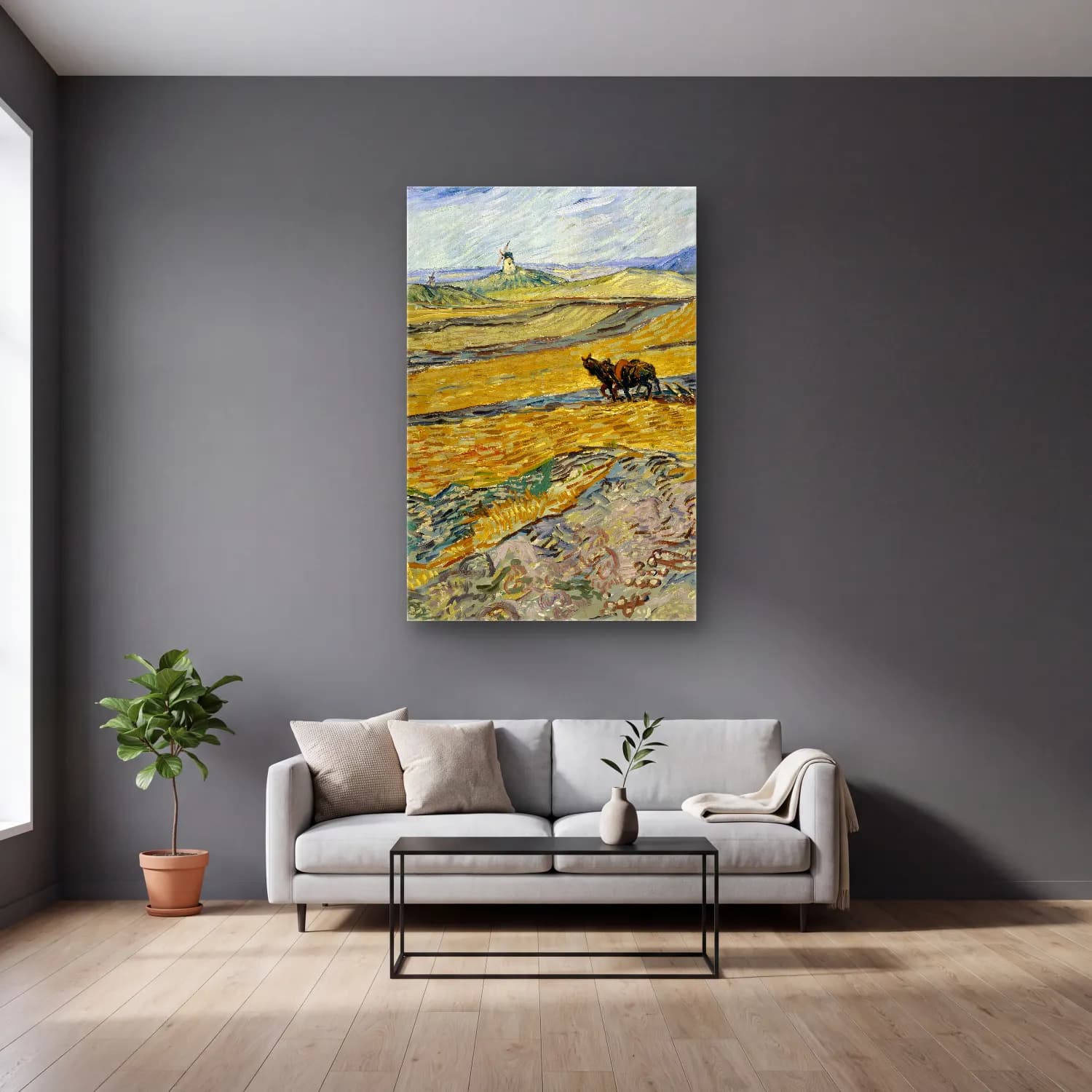 Vincent van Gogh – Enclosed Field with Ploughman cam tablo — gri duvarlı salonda