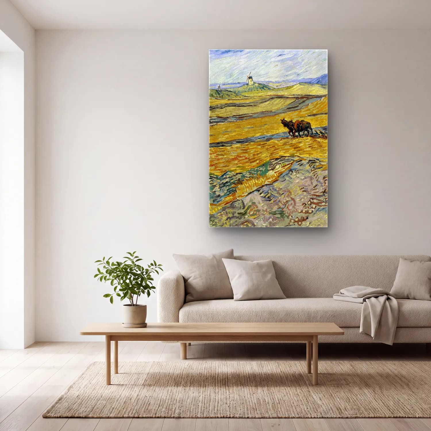 Vincent van Gogh – Enclosed Field with Ploughman cam tablo — açık renk salonda