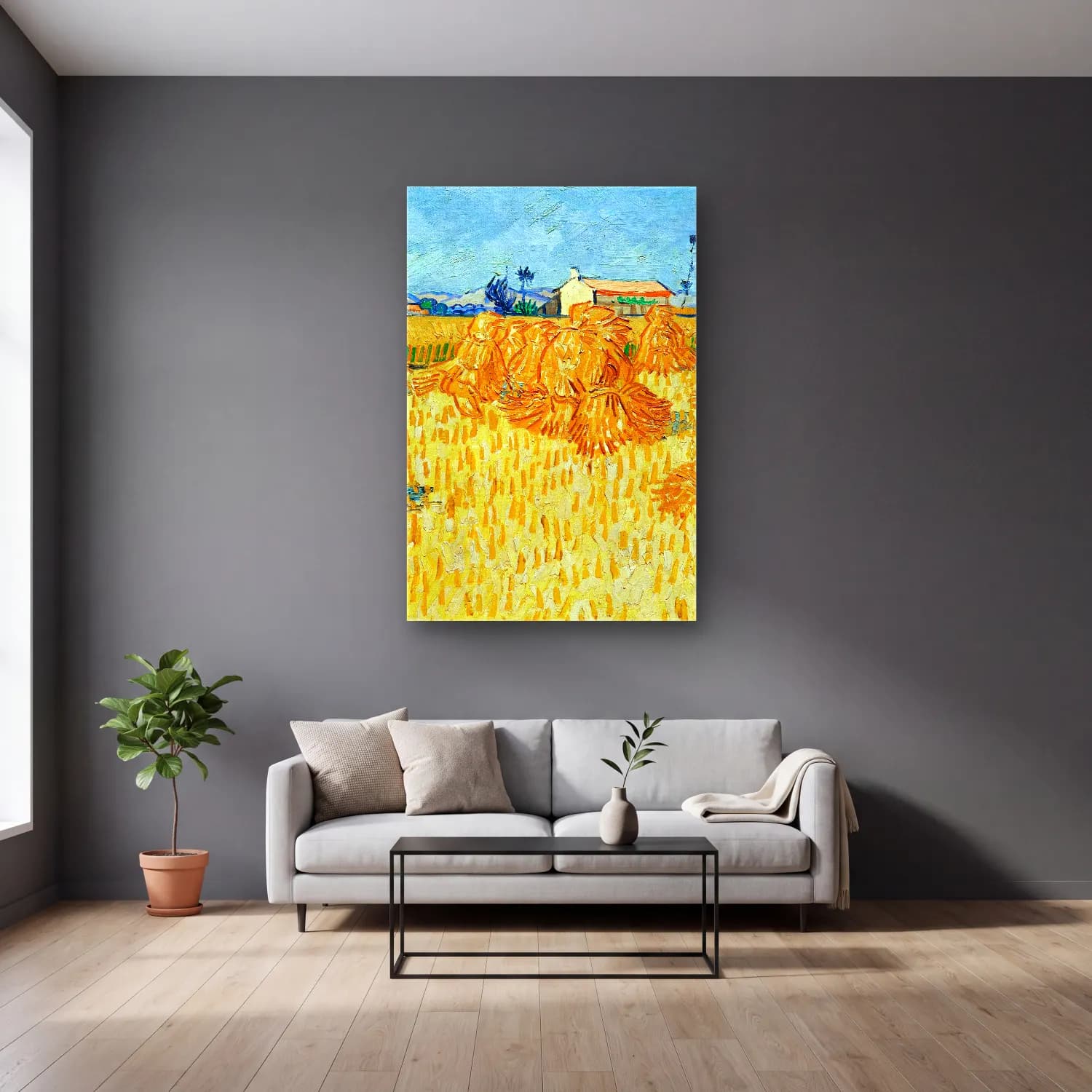 Vincent van Gogh – Ernte in der Provénce cam tablo — gri duvarlı salonda