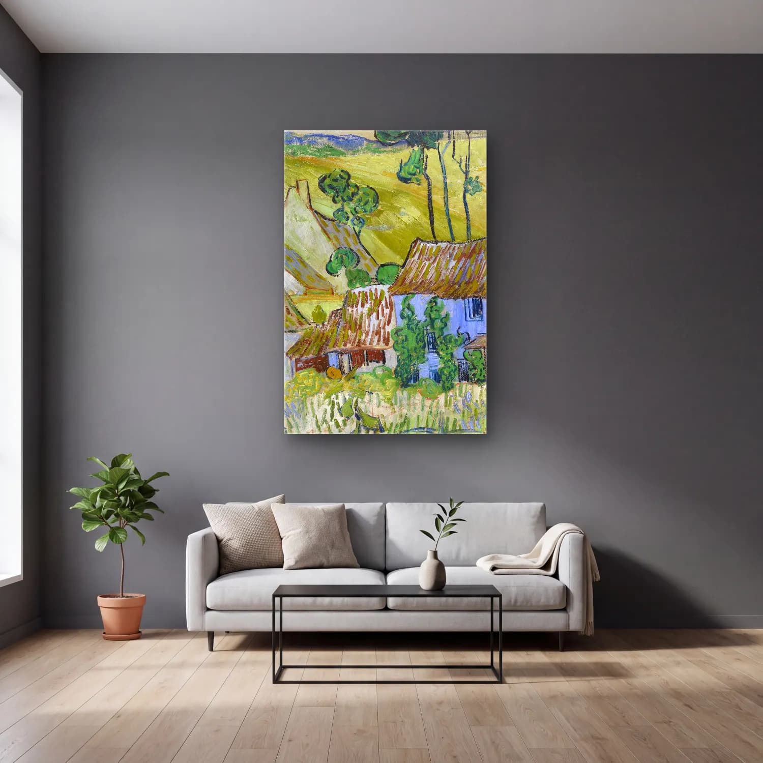 Vincent van Gogh – Farms near Auvers cam tablo — gri duvarlı salonda