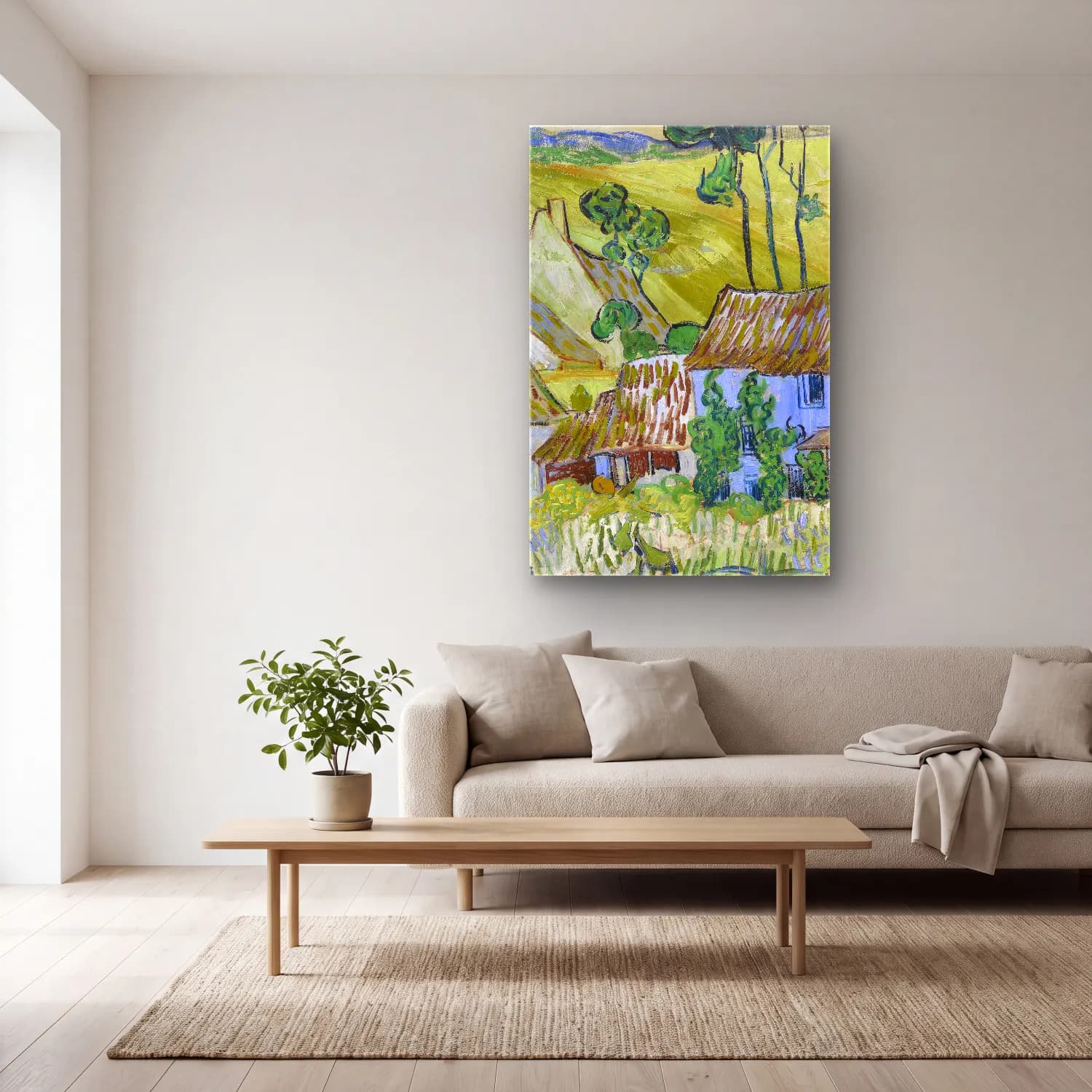 Vincent van Gogh – Farms near Auvers cam tablo — açık renk salonda