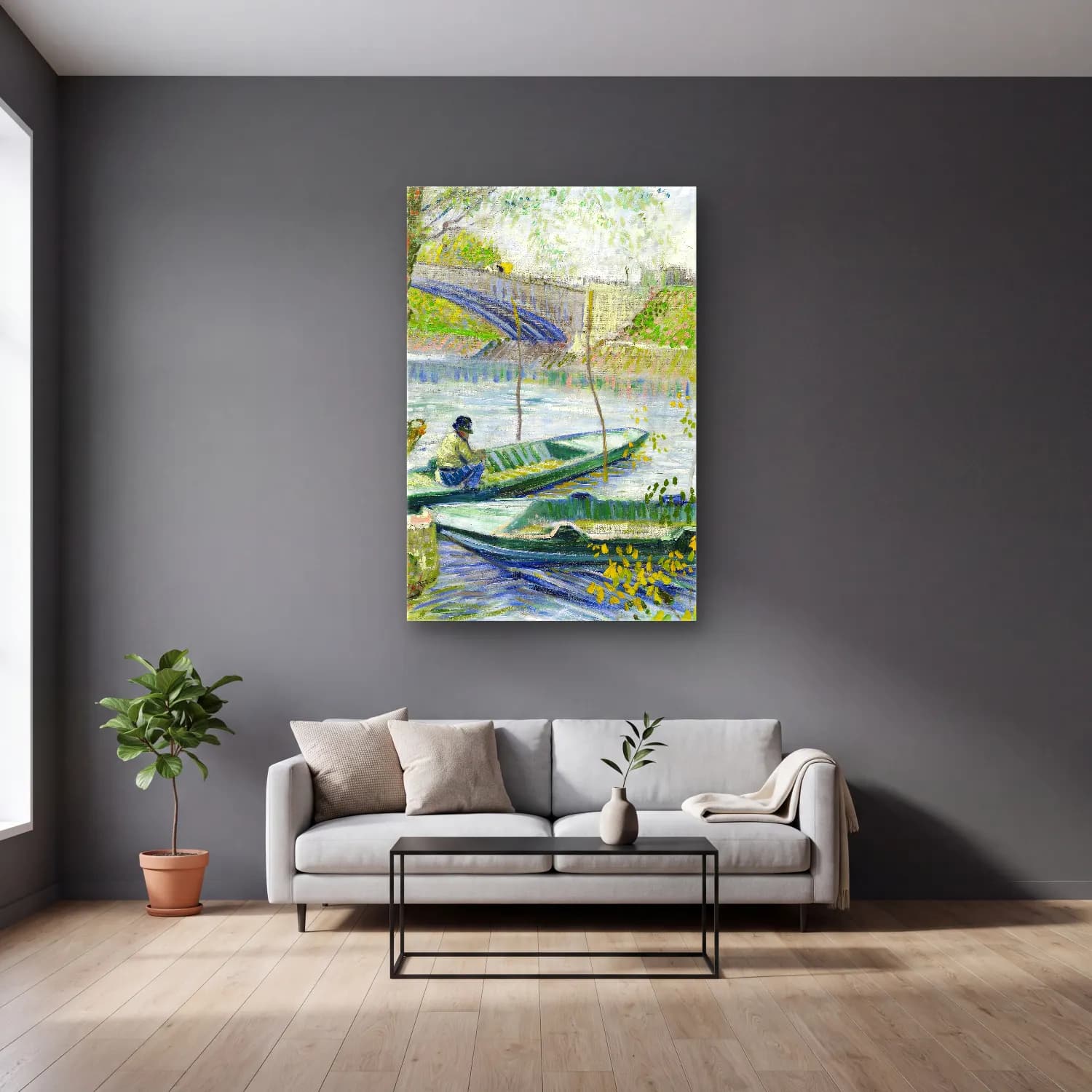 Vincent van Gogh – Fishing in Spring, the Pont de Clichy (Asnières) cam tablo — gri duvarlı salonda