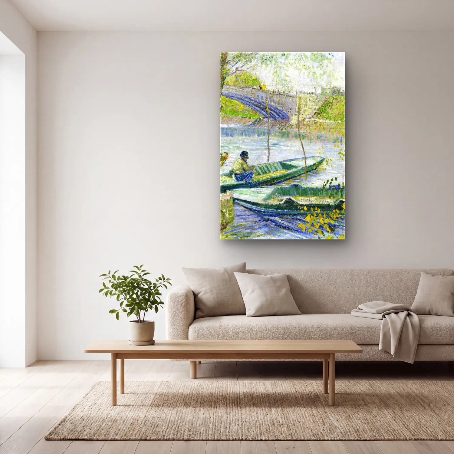 Vincent van Gogh – Fishing in Spring, the Pont de Clichy (Asnières) cam tablo — açık renk salonda