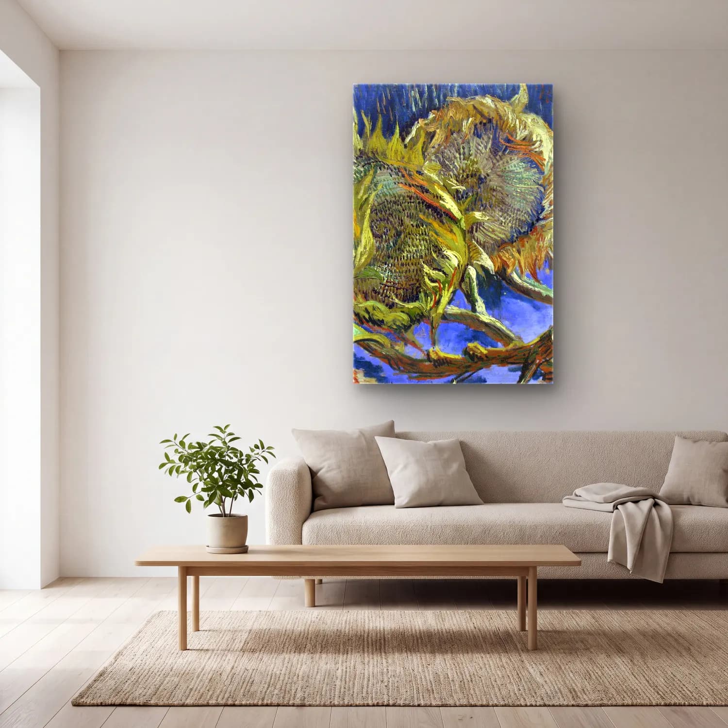 Vincent van Gogh – Four Withered Sunflowers cam tablo — açık renk salonda