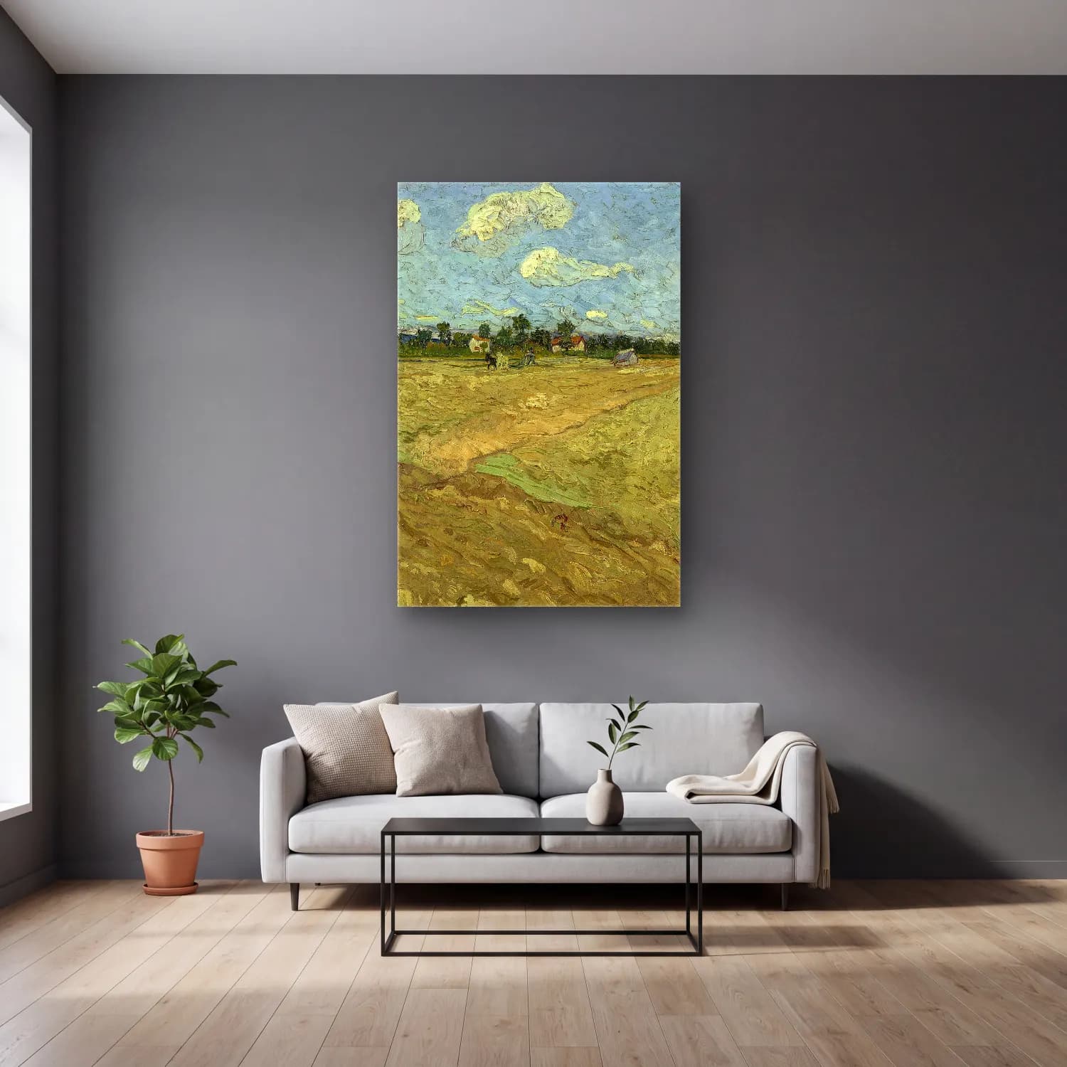 Vincent van Gogh – Geploegde akkers ( De voren ) cam tablo — gri duvarlı salonda