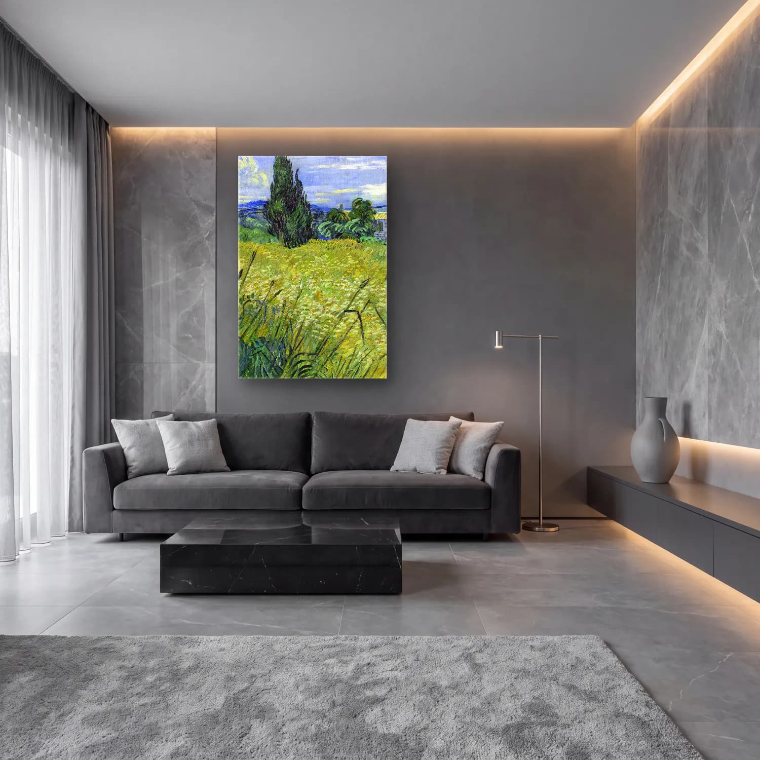 Vincent van Gogh – Green Wheat Field with Cypress cam tablo — lüks salon duvarında