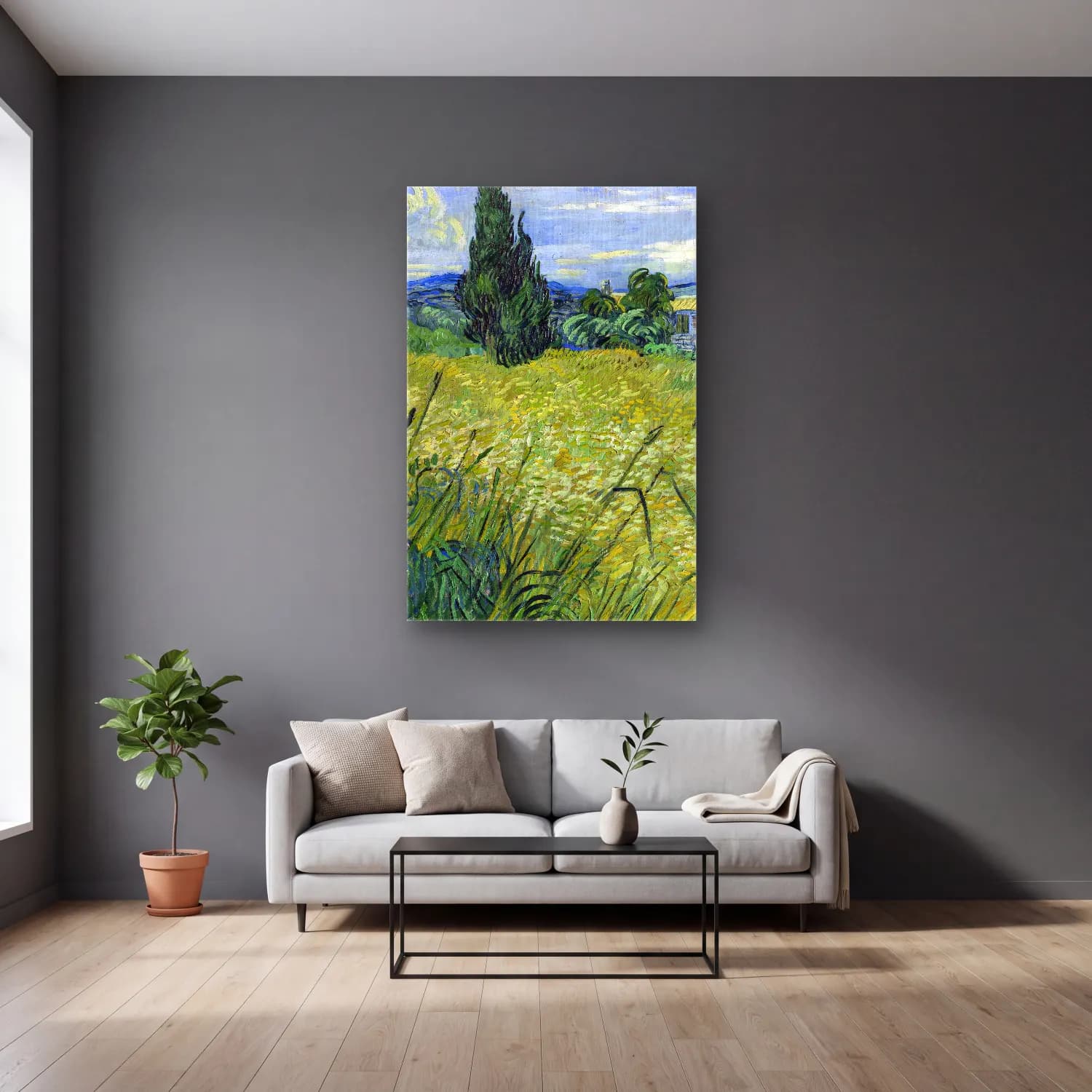 Vincent van Gogh – Green Wheat Field with Cypress cam tablo — gri duvarlı salonda