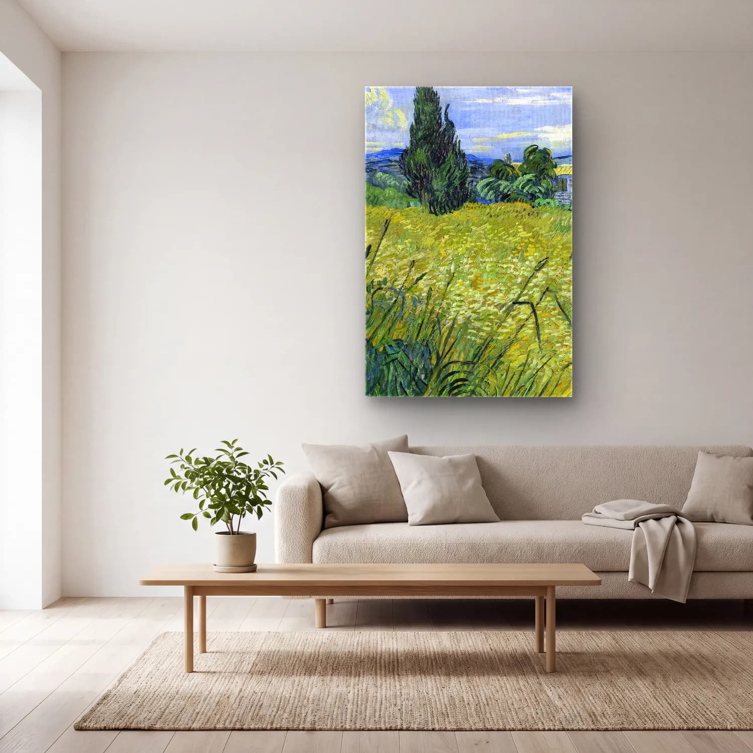 Vincent van Gogh – Green Wheat Field with Cypress cam tablo — açık renk salonda