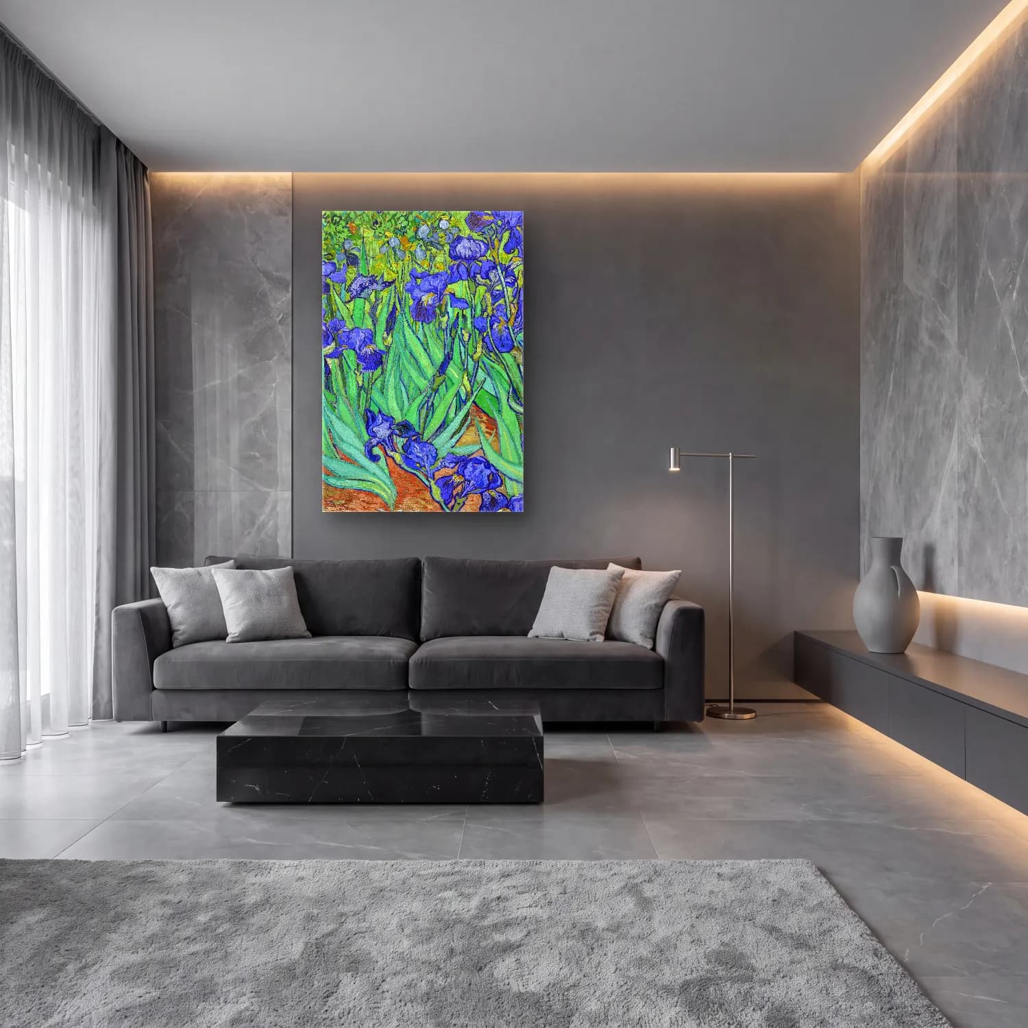 Vincent van Gogh – Irises cam tablo — lüks salon duvarında