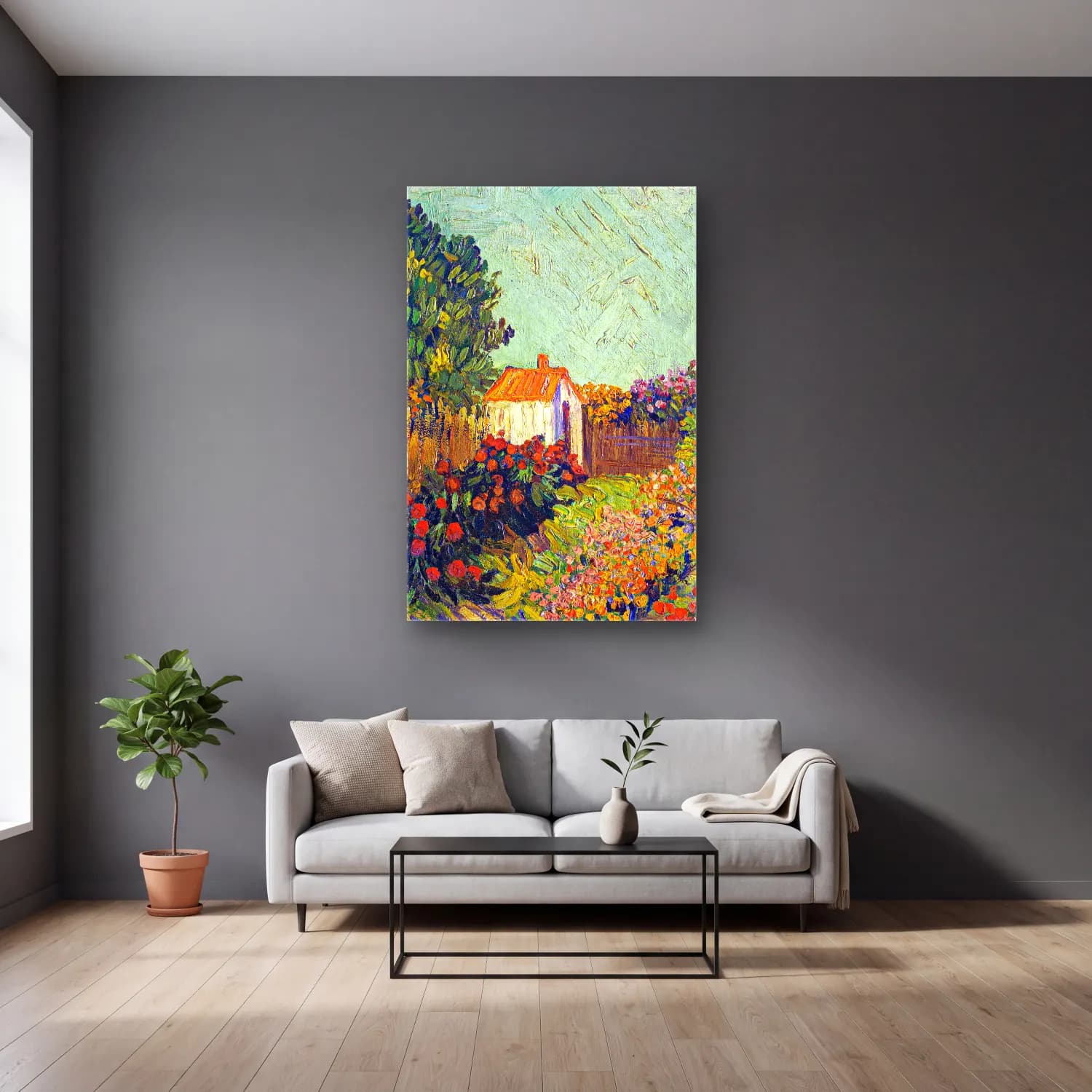 Vincent van Gogh – Landscape cam tablo — gri duvarlı salonda