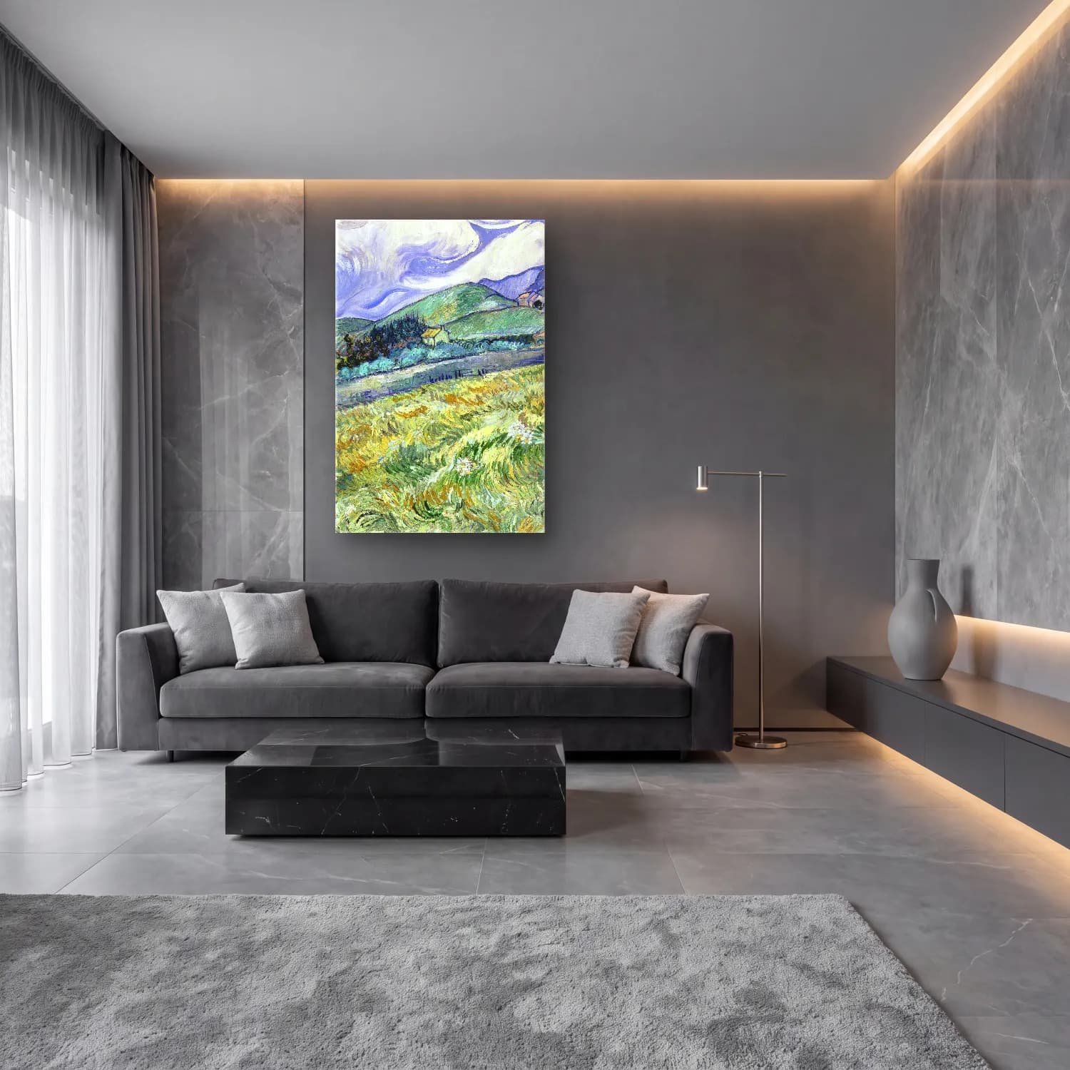 Vincent van Gogh – Landscape from Saint-Rémy cam tablo — lüks salon duvarında
