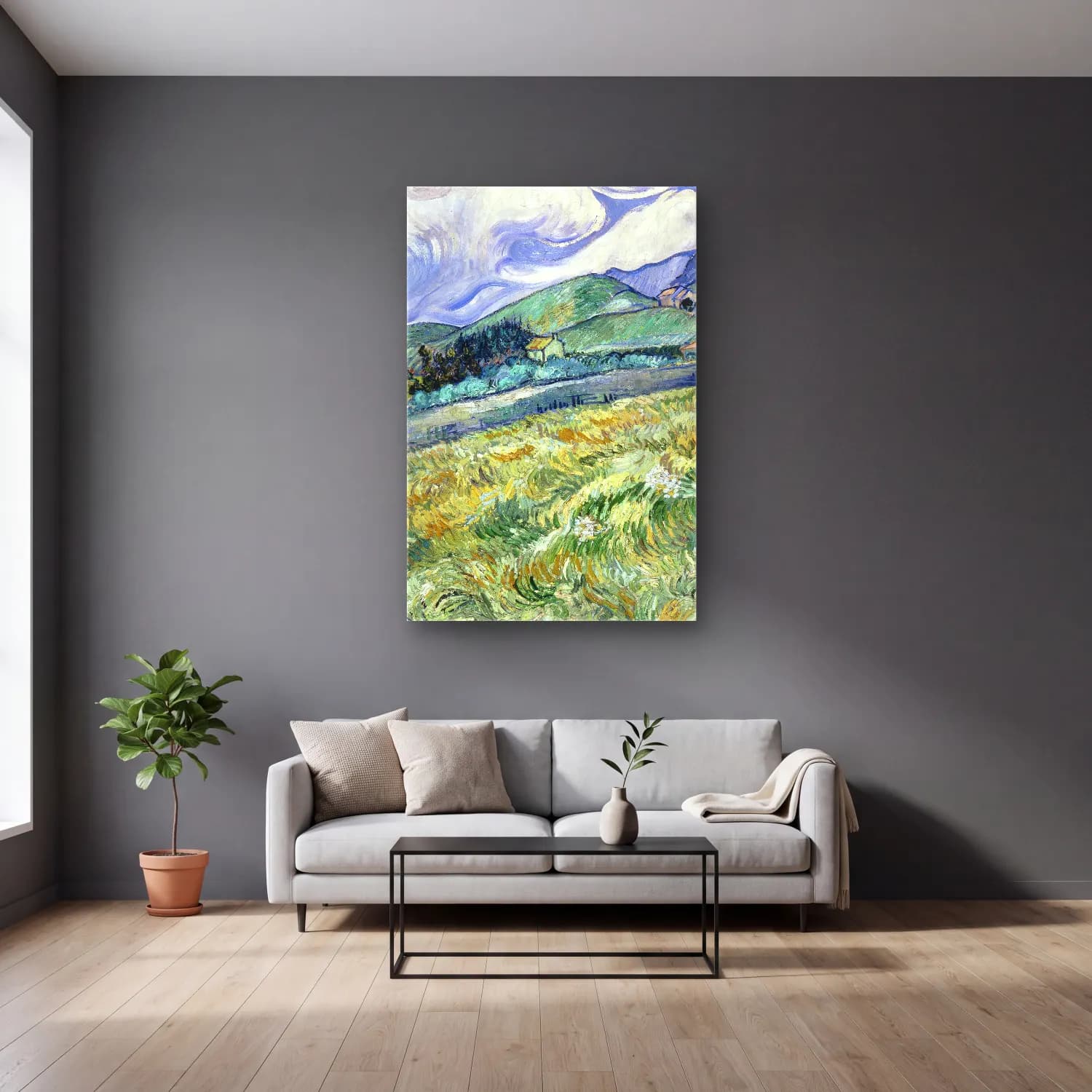 Vincent van Gogh – Landscape from Saint-Rémy cam tablo — gri duvarlı salonda