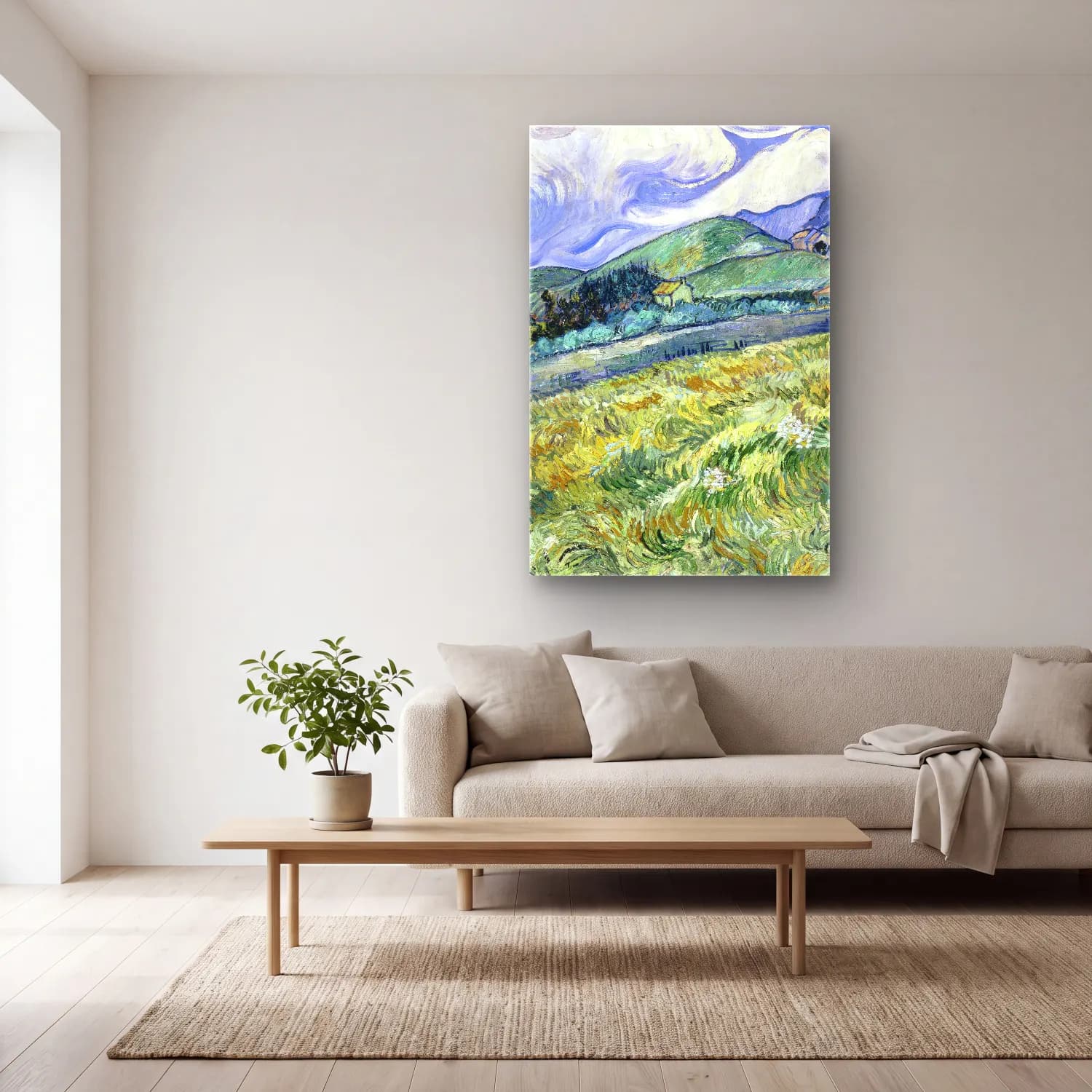 Vincent van Gogh – Landscape from Saint-Rémy cam tablo — açık renk salonda